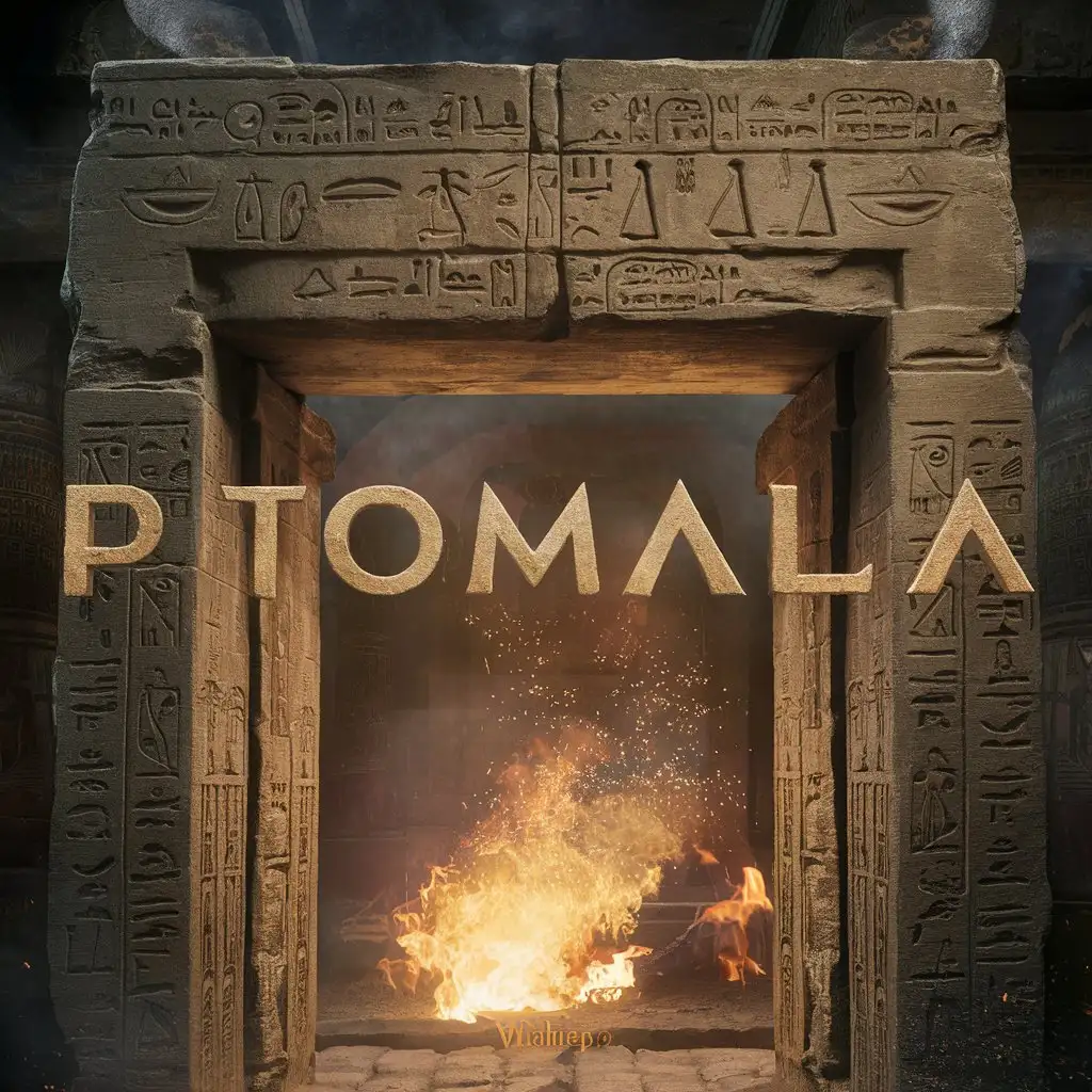 Text: ''P. Tomala'', in large, carved from stone, Egypt, fire, sparks