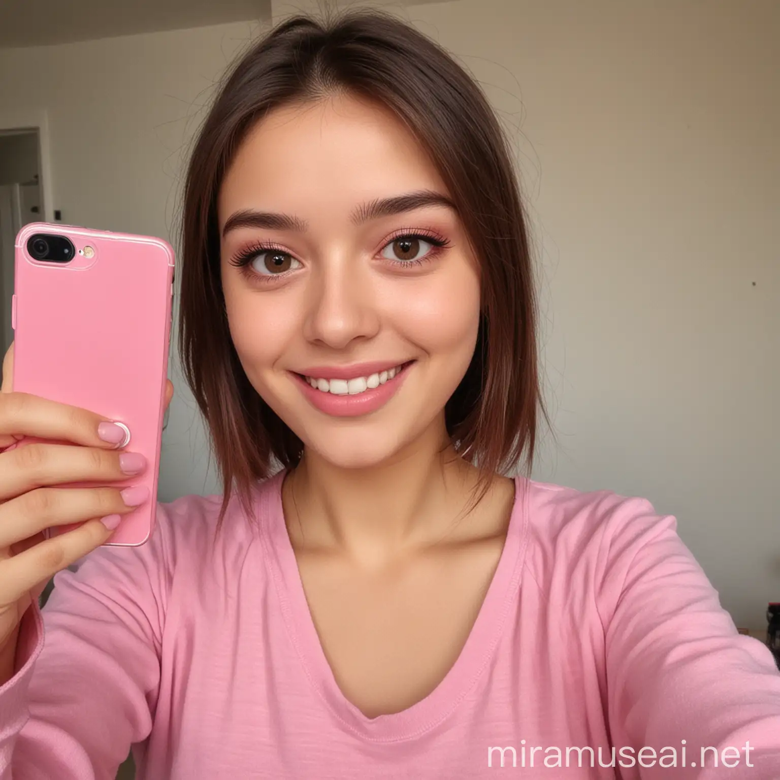 Foreign Girl in Pink Poses Joyfully for Selfie with Full Phone Display