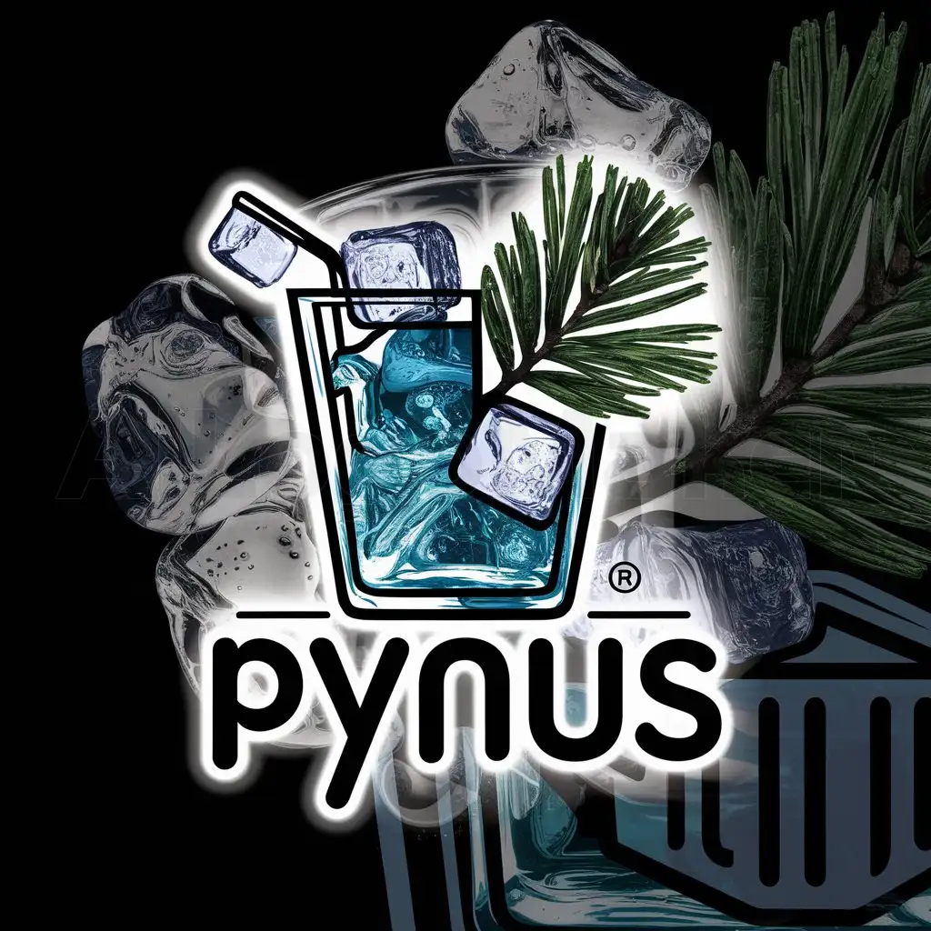 a logo design,with the text "Pynus", main symbol:make me an awesome logo, a glass filled with pine water and ice cubes and some pine leaf beside that,complex,clear background