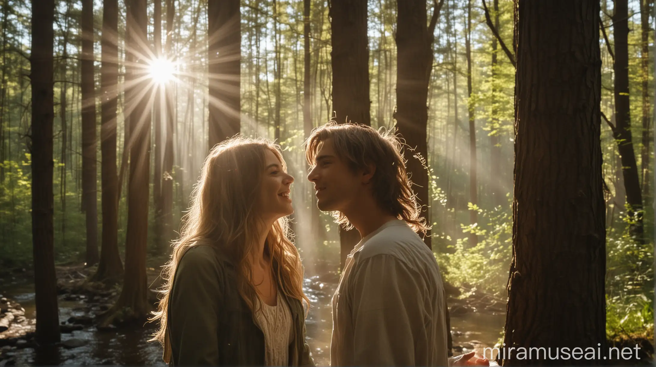 Romantic Couple in Dense Forest with Sunbeam and River