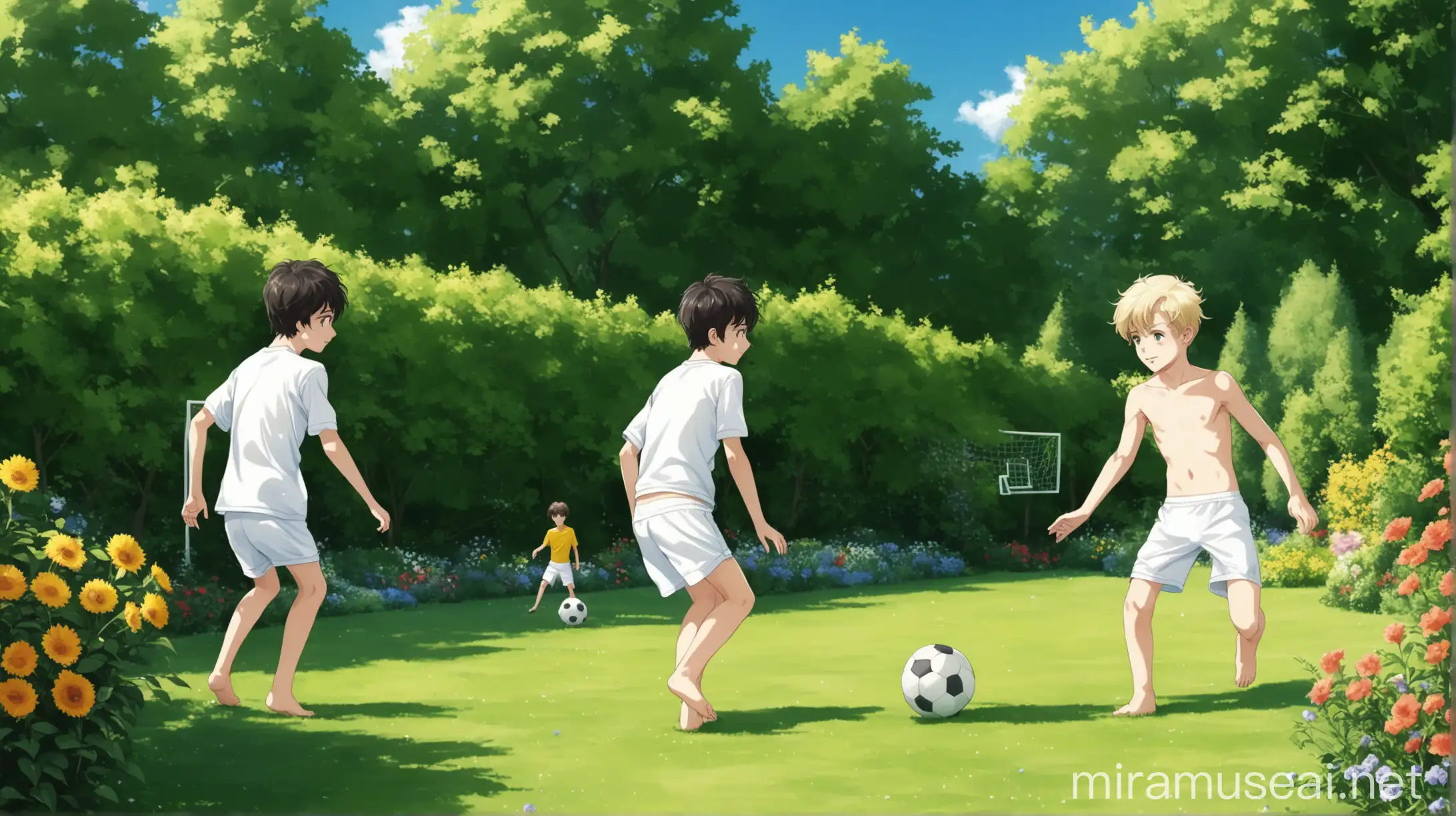 wide shot, sunny summer, two cute 14-year-old boys, one dark-haired and one blond, playing football in a garden, wearing white briefs.