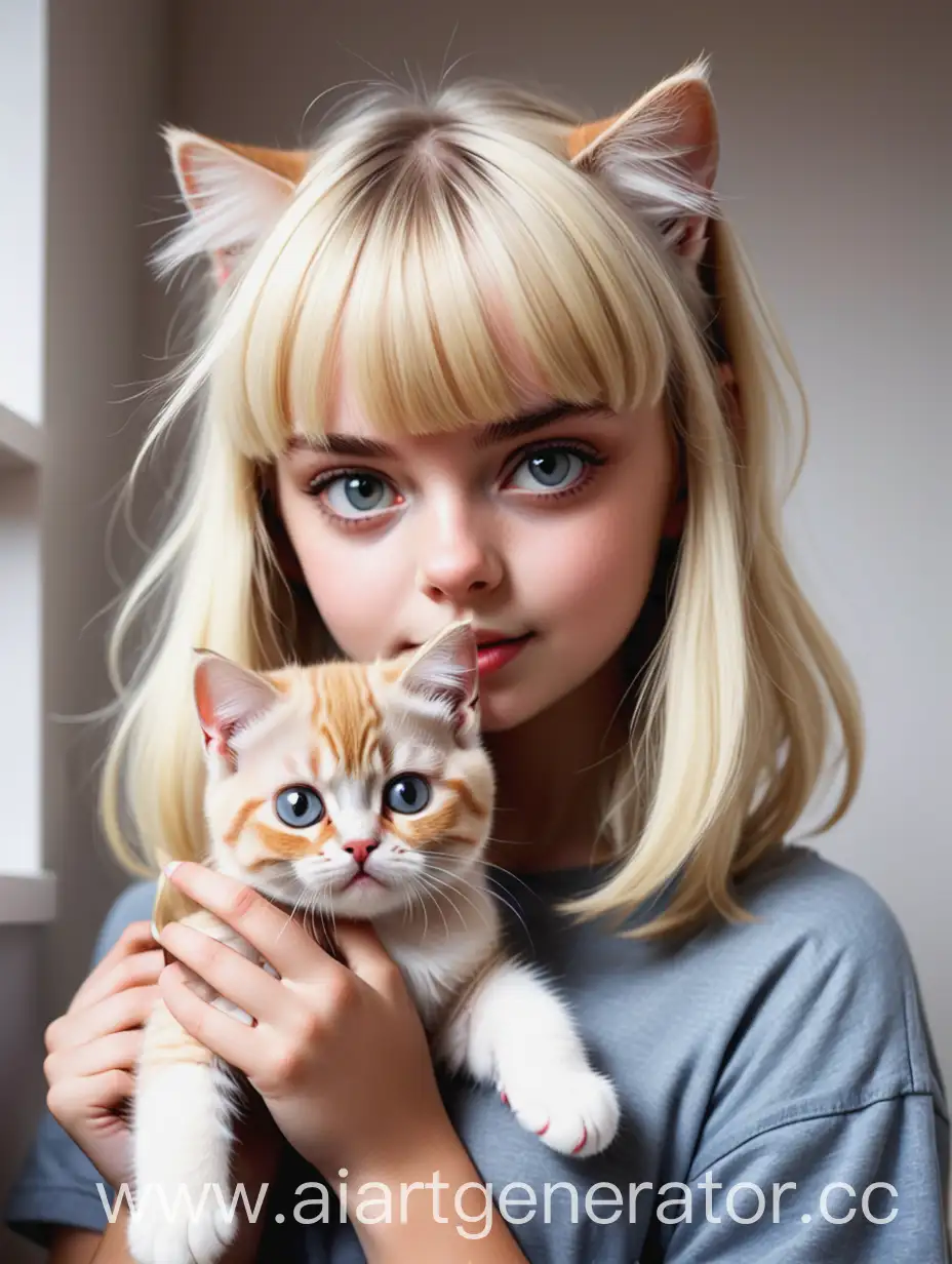 Сгенерируй светловолосую девушку с чёлкой и на руках у неё британская кошка Марисса