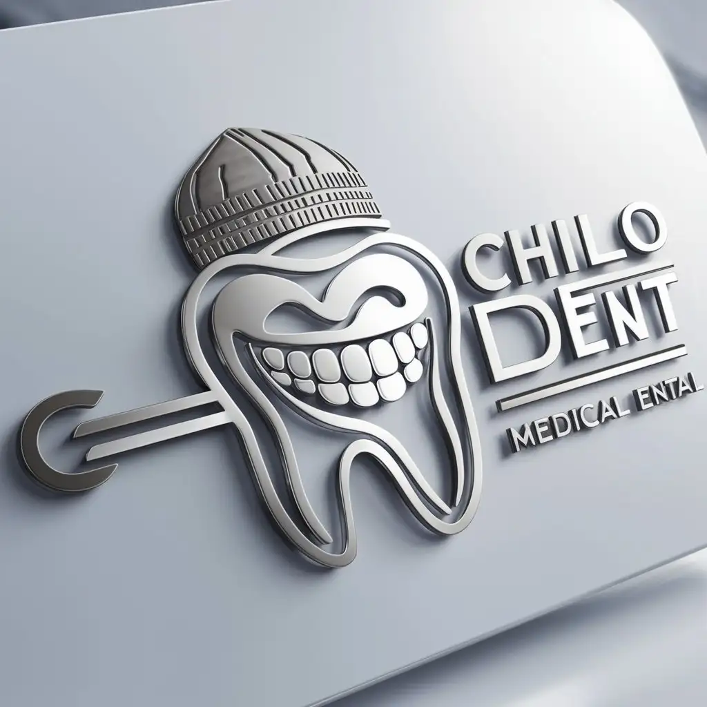 a logo design,with the text "Chilo Dent", main symbol:A tooth with shining smile with teeth and Tajik skullcap on its head ,complex,be used in Medical Dental industry,clear background