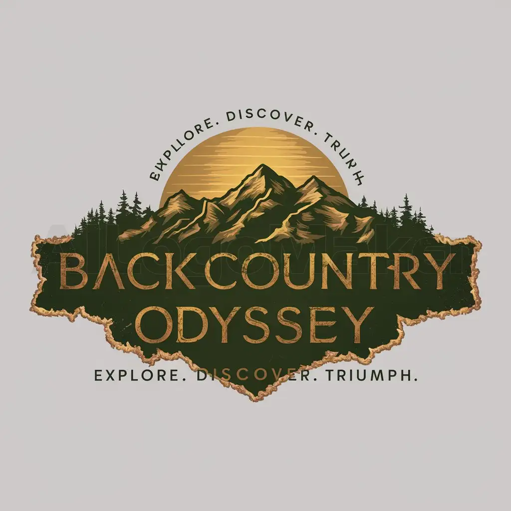 a logo design,with the text "Backcountry Odyssey Explore. Discover. Triumph.", main symbol:Mountains, Sun, Ancient Greek fonts and trims, Dark forest green, Metallic gold,Moderate,clear background