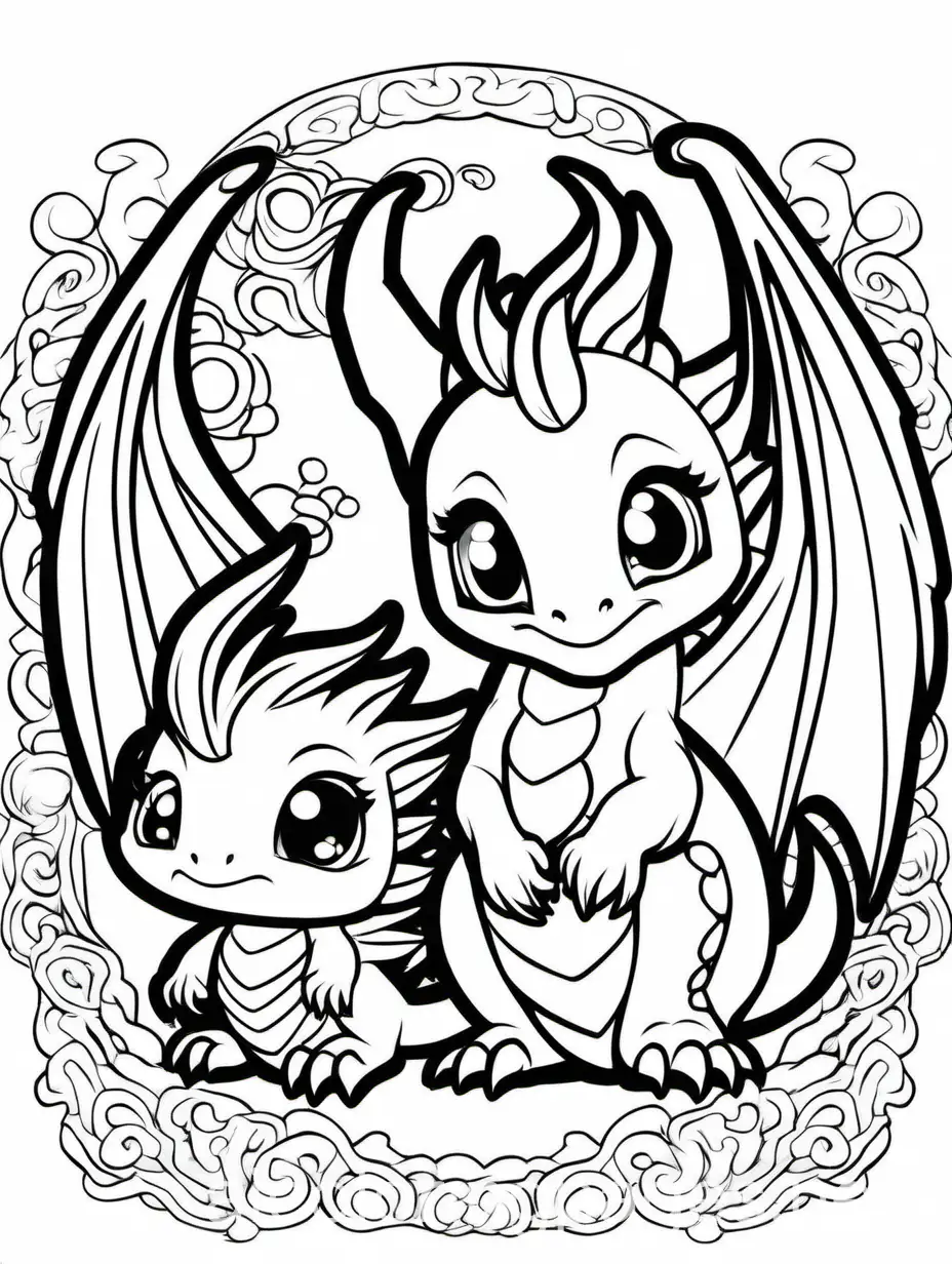 CUTE CHIBI dragons, Coloring Page, black and white, line art, white background, Simplicity, Ample White Space. The background of the coloring page is plain white to make it easy for young children to color within the lines. The outlines of all the subjects are easy to distinguish, making it simple for kids to color without too much difficulty