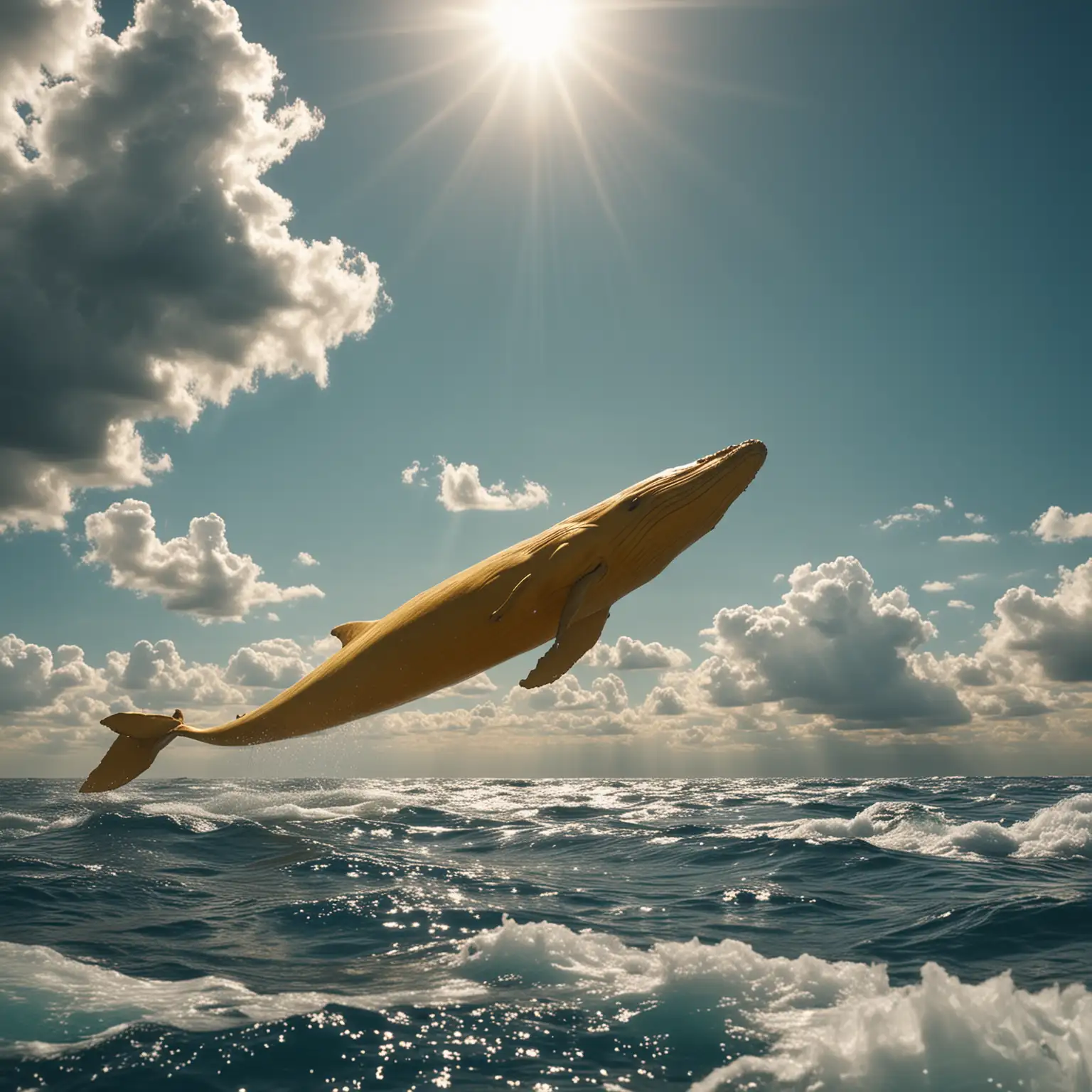 cinematic photo of a yellow colored whale floating in the blue sky. the sky is filled with puffy white clouds. the sun is breaking through the clouds. cinematic epic look