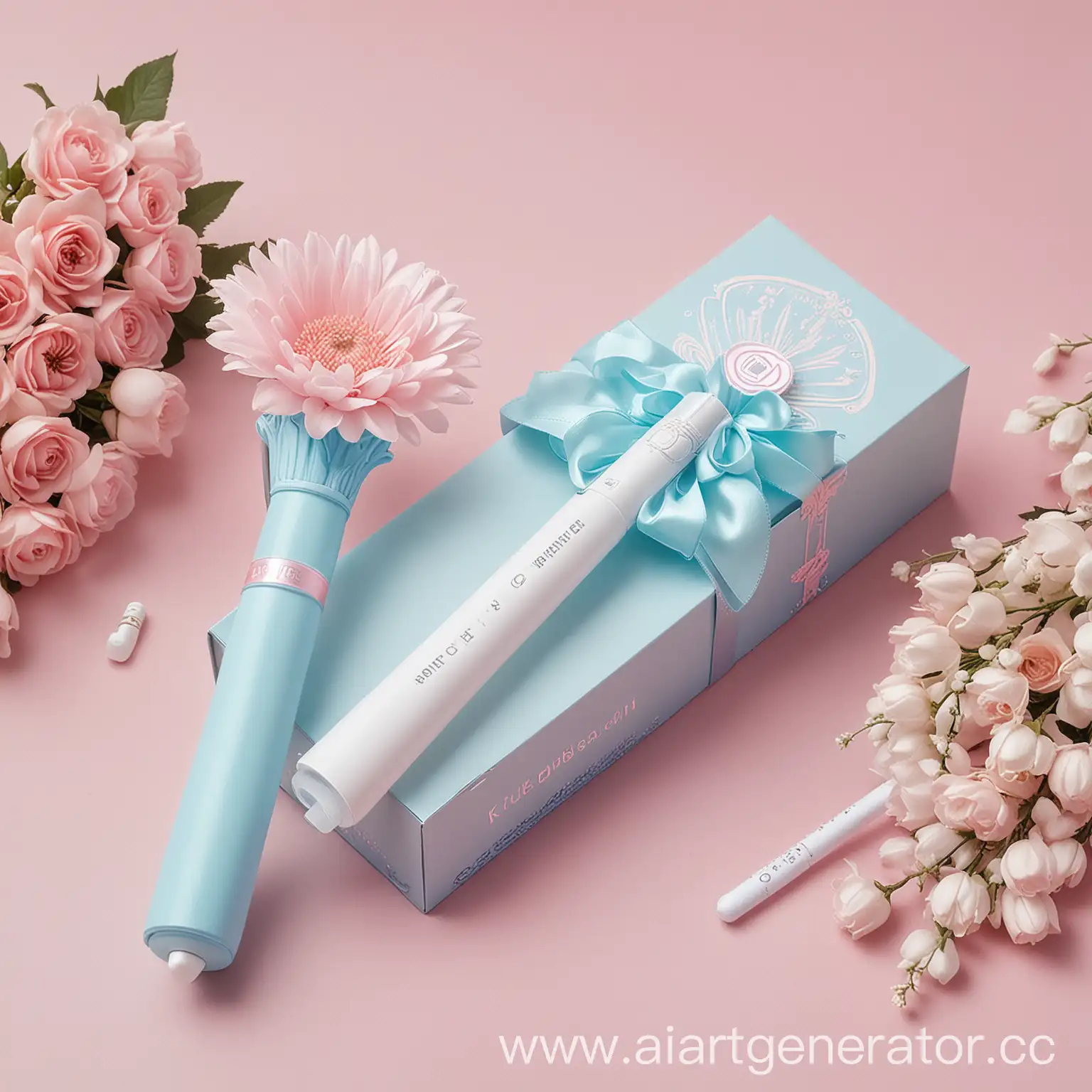 kpop lightstick in pastel blue and pink in a flower way royal white with the box next to it