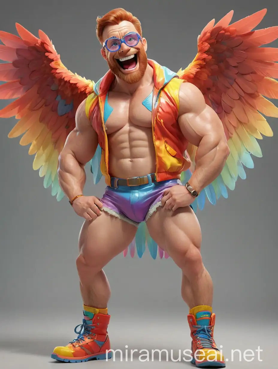 Big Eyes Subtle Smile Topless 40s Ultra beefy Red Head Bodybuilder Daddy with Beard Wearing Multi-Highlighter Bright Rainbow Colored See Through huge Eagle Wings Shoulder Jacket short shorts long legs short boots and Flexing his Big Strong Arm Up with Doraemon Goggles on forehead side pose
