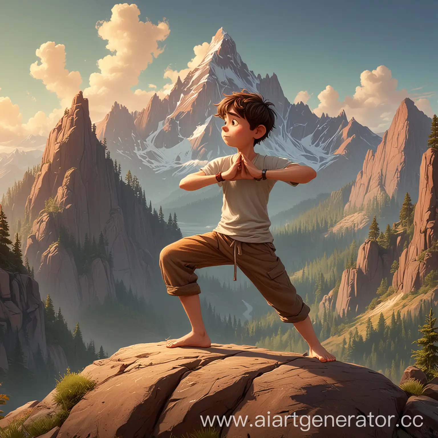 картинка рисунок мальчика йога в позе горы в стиле пиксар 