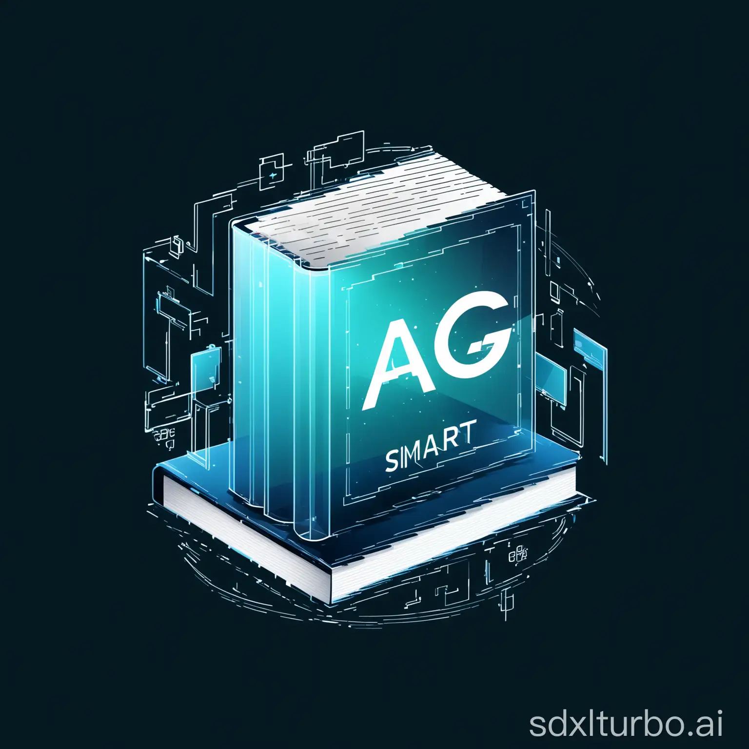 Create an AIGC Smart Publishing Lab logo with a futuristic feel: a semi-transparent book at the center, with 'AIGC' letters on it. Transparent background, simple and clear lines and shapes as main elements, easily recognizable and visually striking. Extremely simplified