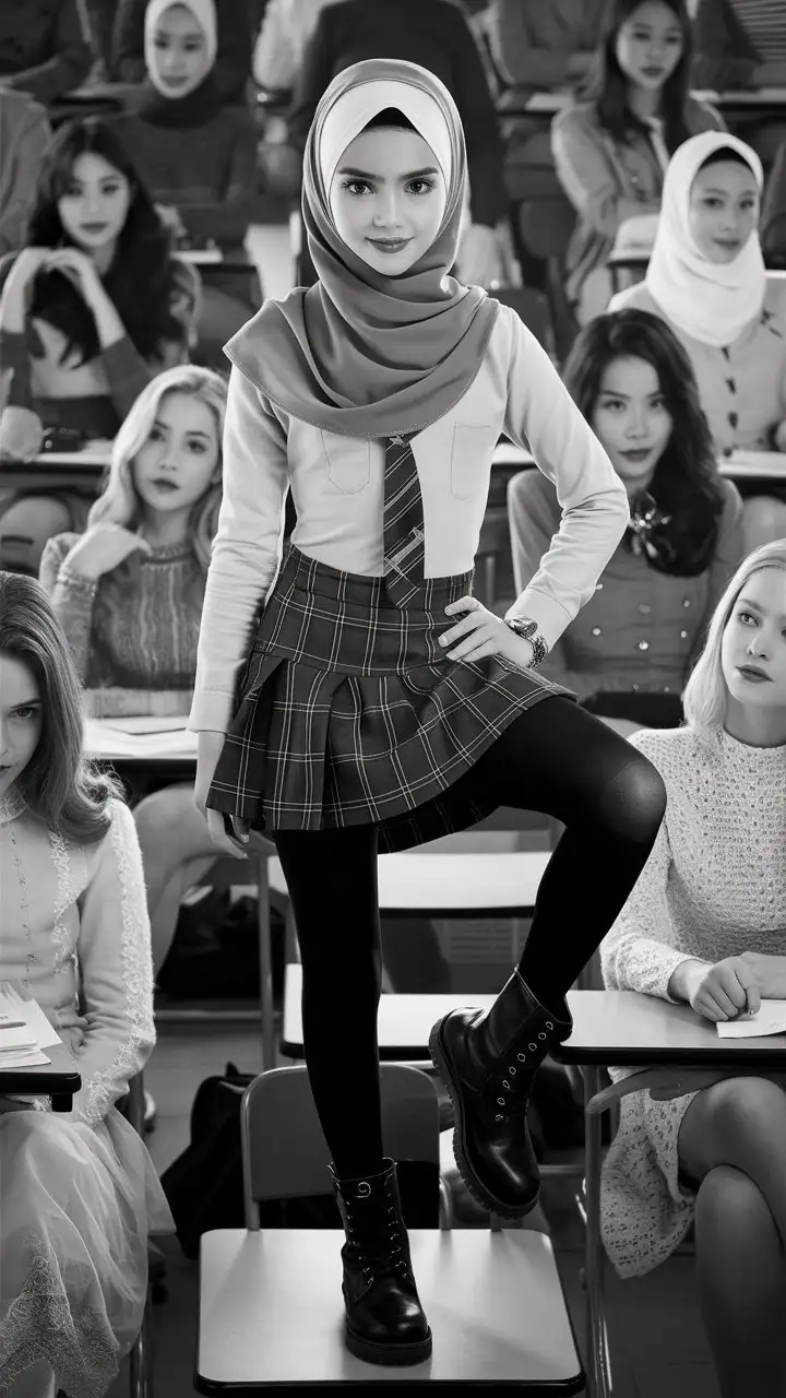 A beautiful girl.  14 years old. She wears a hijab, skinny shirt, so mini school skirt, black opaque tights, small winter boots,
She is beautiful. She standing. She puts one leg on the desk. 
Bird's eye view, in classroom, petite, plump lips. The classroom is full girl students. Elegant