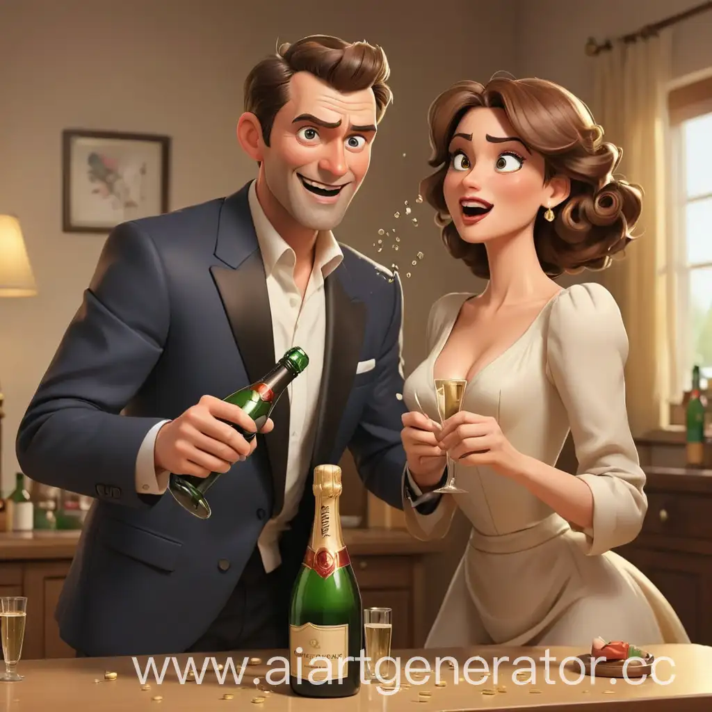 мультяшный мужчина открывает бутылку шампанского и разливает на женщину