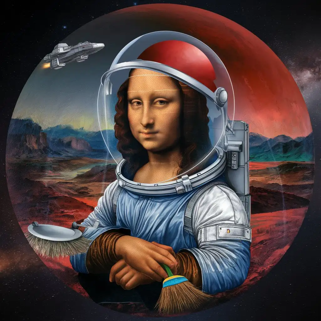 Mona Lisa in the shape of a spaceman sweeping the planet Mars