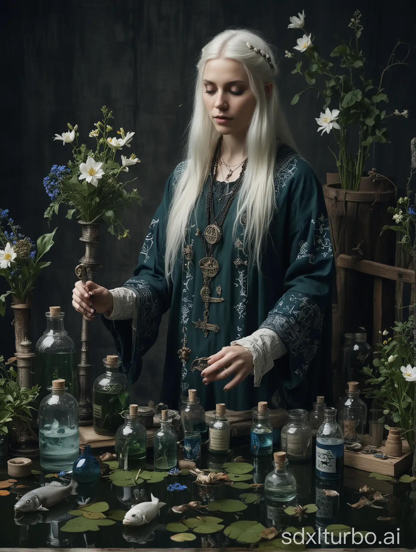 A vast indoor gothic alchemical laboratory distillation instruments, a distant female viking shaman with long white hair, wearing a gray, dark green and blue adorned tunic with symbols, flowers in bottles, a waterpond with fishes, chiaroscuro, cold, nordic atmosphere, high precision, highly detailed, perfect hands!, photographic