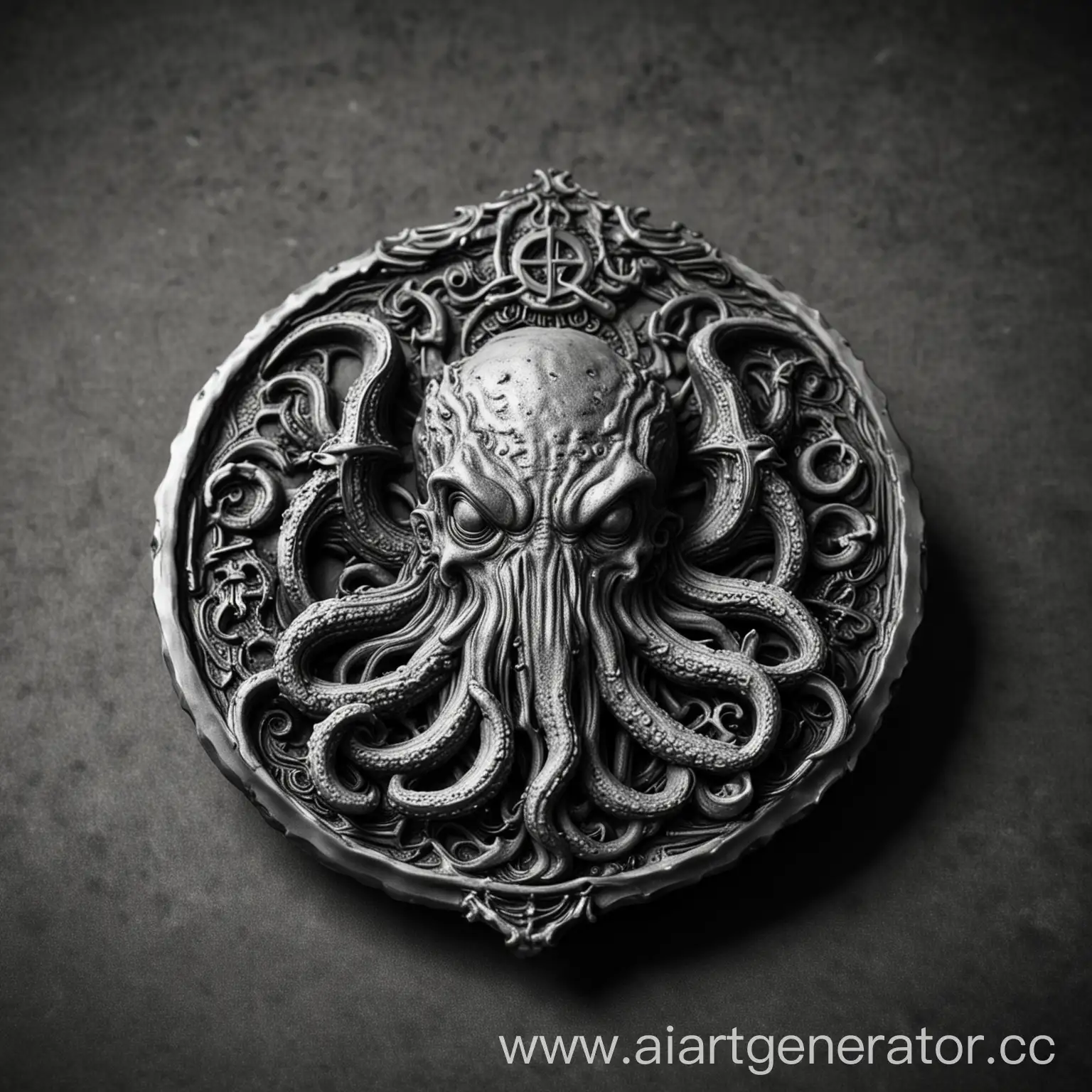 Black-and-White-Metal-Badge-with-Cthulhu-Symbol