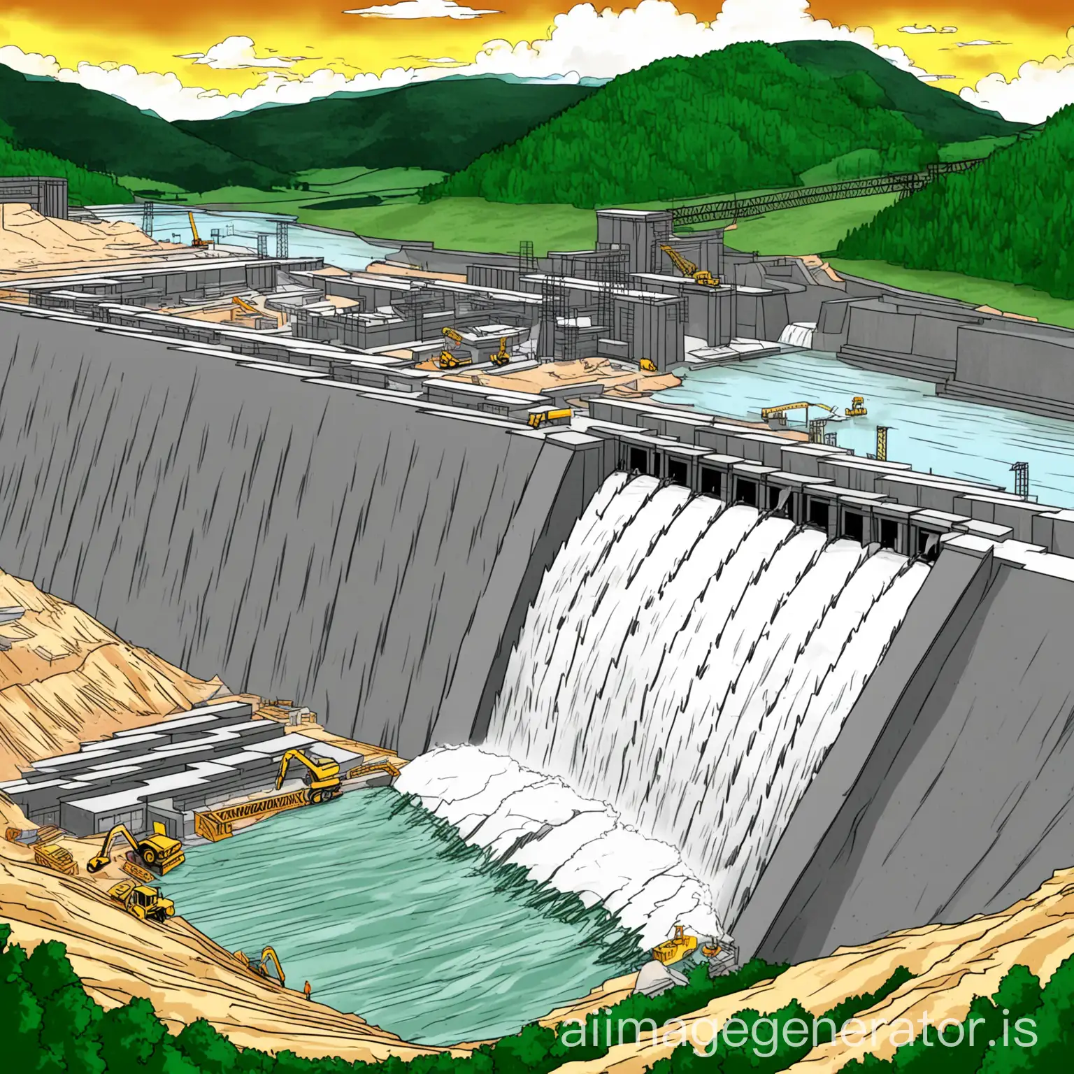 dam dam,nnatural disaster,nconstruction site,nhydroelectric power station site,ncomic style