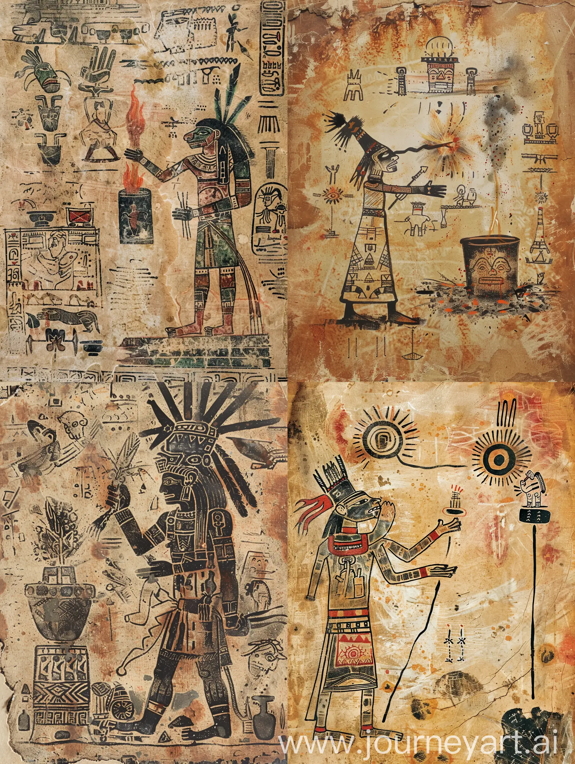 Петроглифы шамана, на древней бумаге, на весь экран, изображён обряд