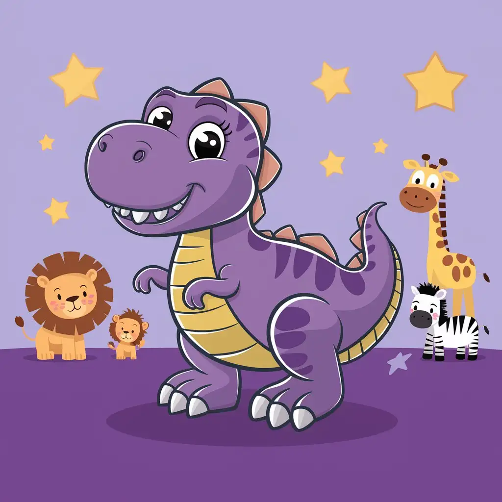 cartoon purple T-Rex dinosaur for children, plain background