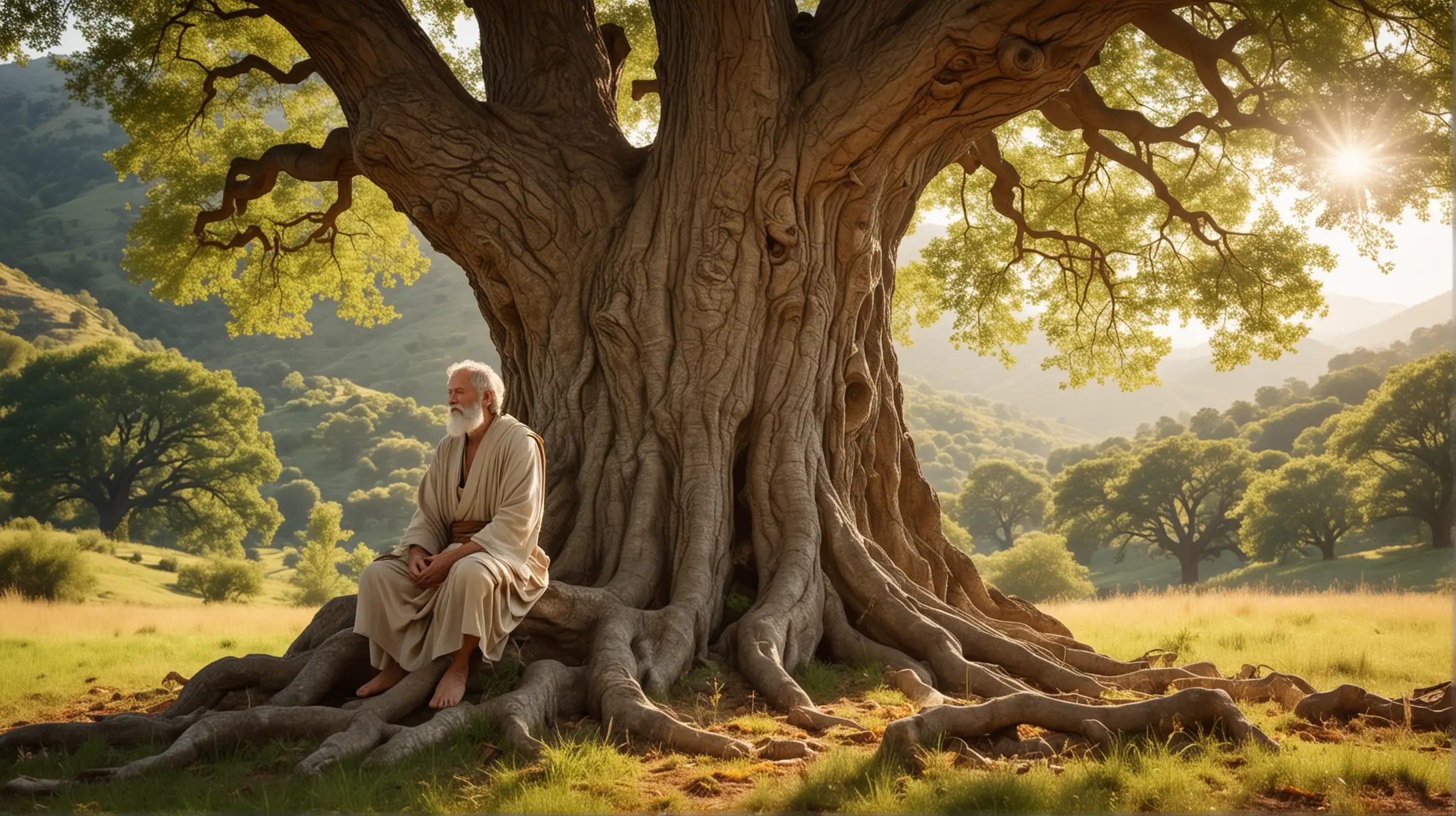 Visualize a stoic philosopher meditating under a towering oak tree, surrounded by serene nature. Illustrate his focused expression as he finds inner peace and clarity. Image Description: The image depicts a stoic philosopher seated in a cross-legged position at the base of a majestic oak tree. His eyes are closed in deep meditation, and his posture exudes tranquility and strength. The dappled sunlight filters through the leaves, casting a warm glow on his chiseled features. In the background, a serene landscape of rolling hills and distant mountains stretches out, evoking a sense of vastness and tranquility.