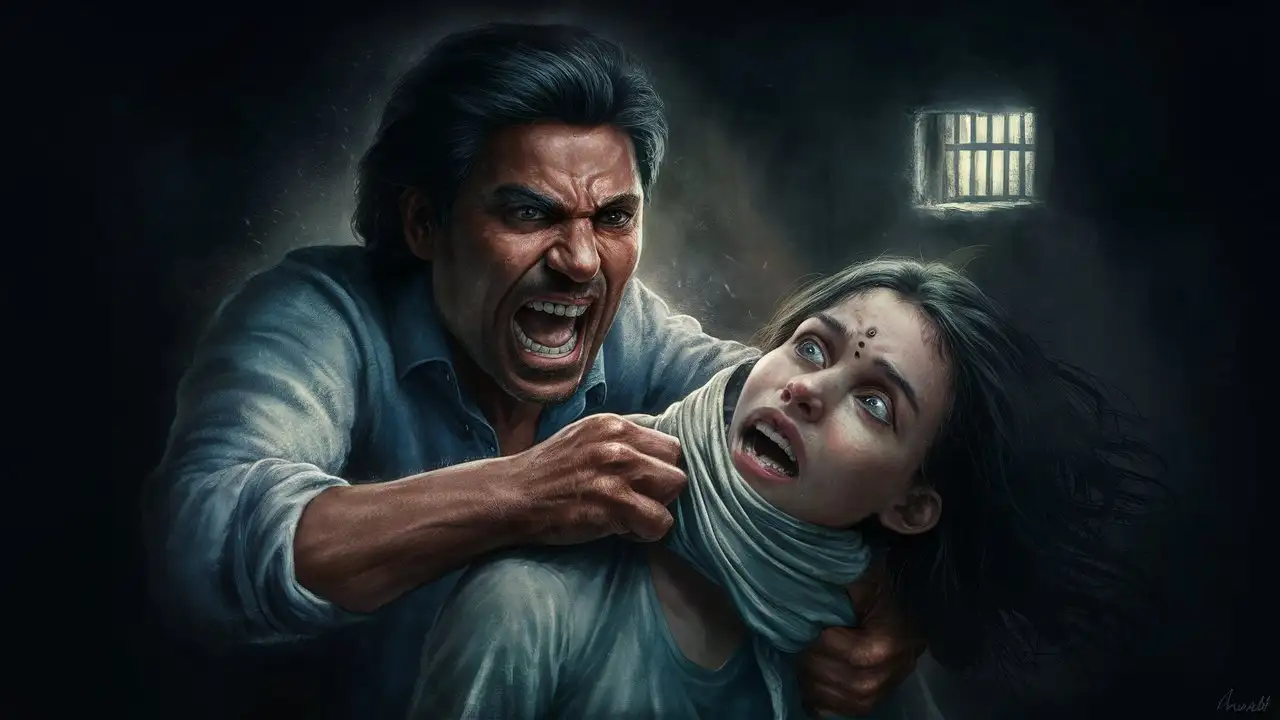 Angry Indian Man Wrapping Cloth Around Young Womans Neck on Dark Background