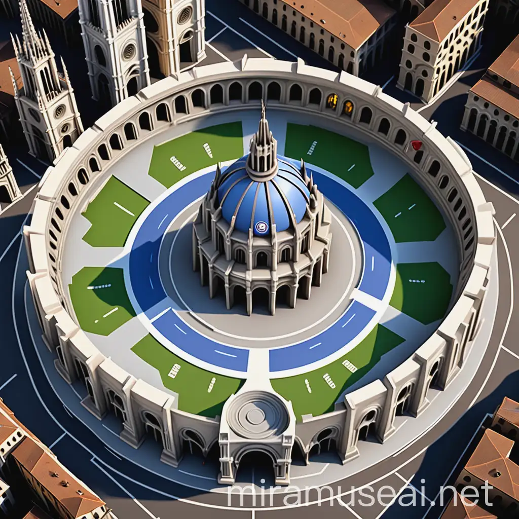 generate a beyblade stadium inspired by the shape of duomo of milan, the duomo must be recreated in the center of the arena