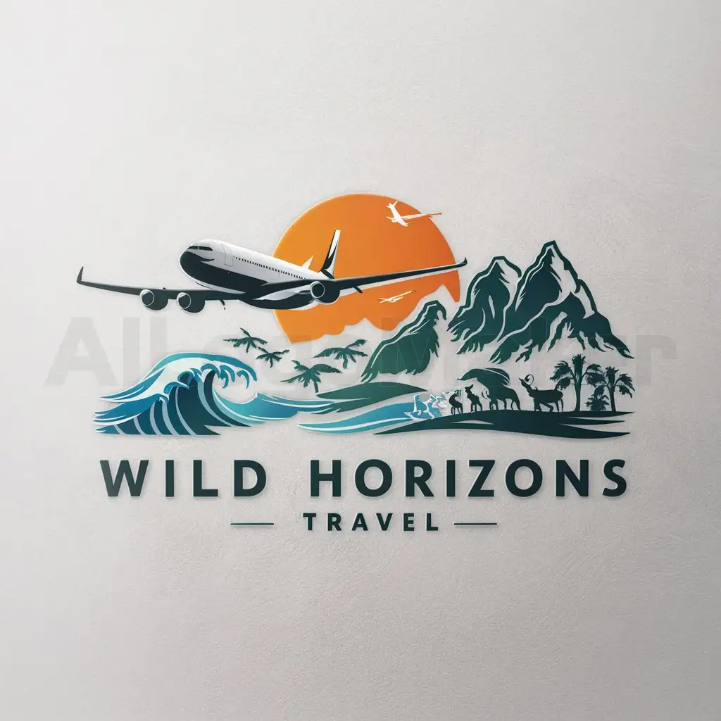 a logo design,with the text "Wild Horizons Travel", main symbol:Plane, Sun, Ocean waves, Wildlife, Mountains,Moderate,be used in Travel industry,clear background