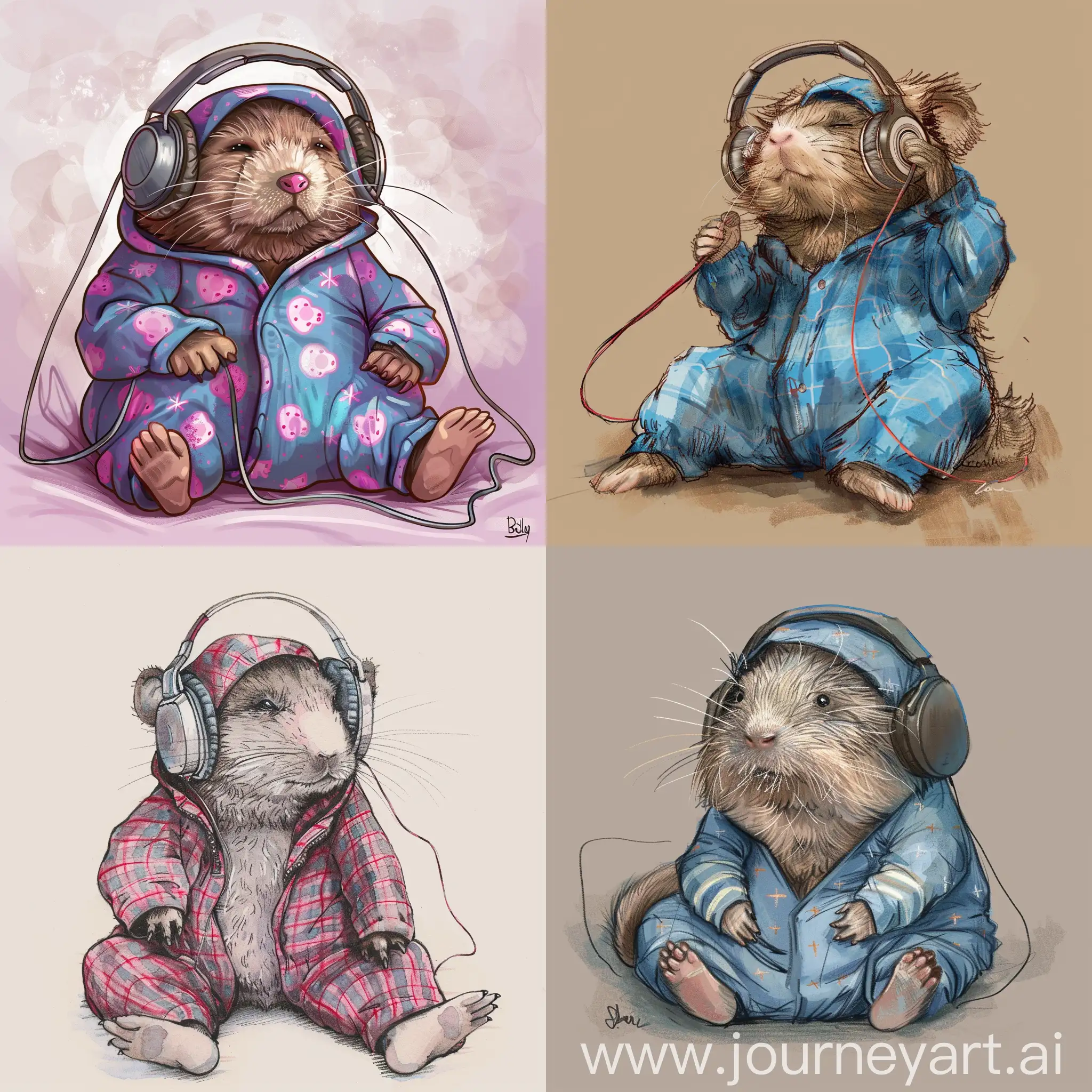 Draw a Cute mole in pajama and with big headphones in the style of Beatrix Potter
