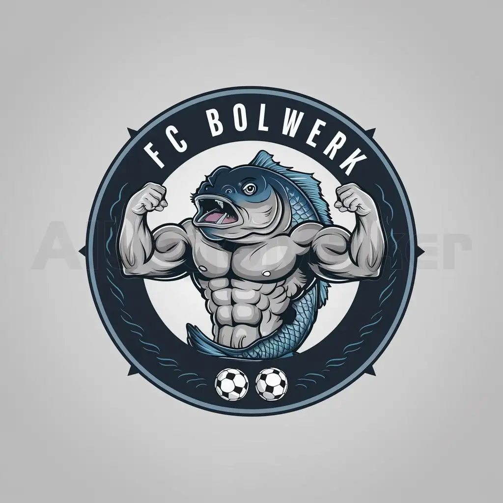 a logo design,with the text "FC Bolwerk", main symbol:The logo for the football/soccer team "FC BOLWERK" features a powerful, anthropomorphic carp fish as its central element. The carp fish is depicted frontally, with human-like muscled arms flexing downward in a classic bodybuilder pose. The fish's body faces directly forward, ensuring the muscular arms are clearly visible and symmetrical.

The carp's face is fierce and focused, with intense eyes and a determined expression. Its scales shimmer in shades of blue and silver, adding depth and detail to its aquatic nature. The muscled arms, positioned on either side of its body and tensed downward, showcase prominent biceps and defined muscles, emphasizing the team's strength and determination.

Encircling the fish is a bold, circular border in dark navy blue, symbolizing unity and teamwork. The border features subtle wave patterns to enhance the aquatic theme. At the top inside the border is the team name "FC BOLWERK" in a strong, uppercase, sans-serif font. The text is white with a slight shadow for contrast against the dark background.

To reinforce the soccer theme, two crossed soccer balls are placed at the bottom of the border. The overall design is modern, aggressive, and embodies the competitive spirit of the team.,Minimalistic,be used in Sports Fitness industry,clear background