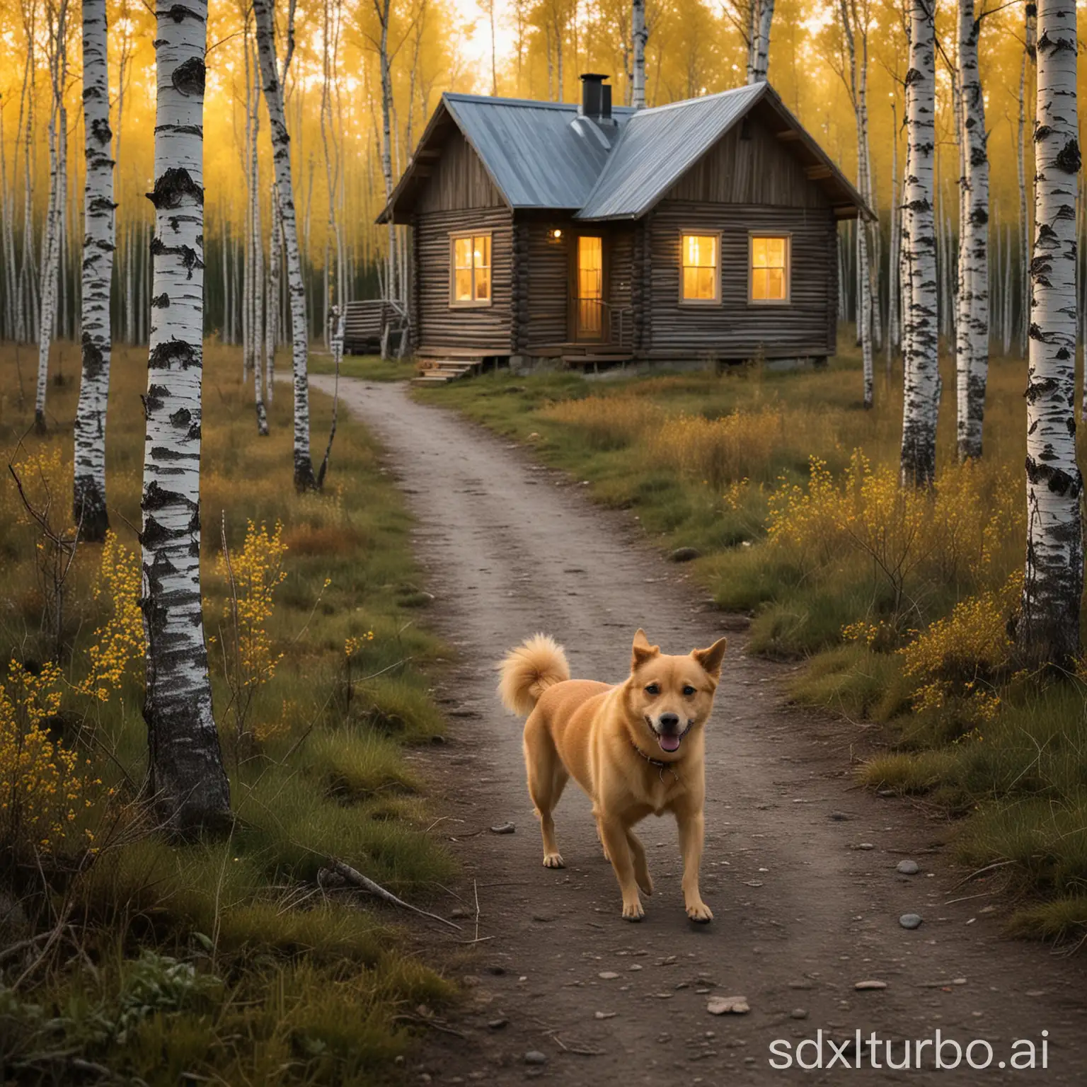 As twilight falls, in the birch forest, a little yellow dog runs towards a girl by the cabin, as if carrying light with it.