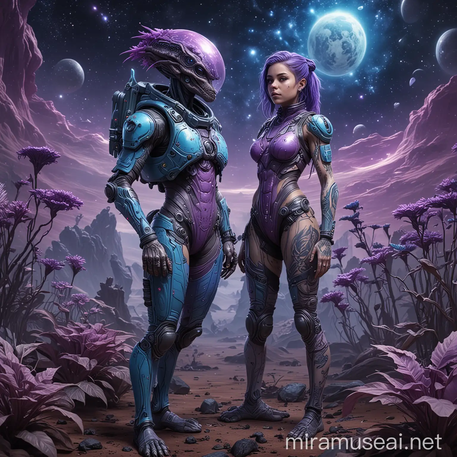 female scout on an alien planet in tight purple and blue space gear, tattoos, adoring a cute grey and blue creature, alien planet with odd plants, full body