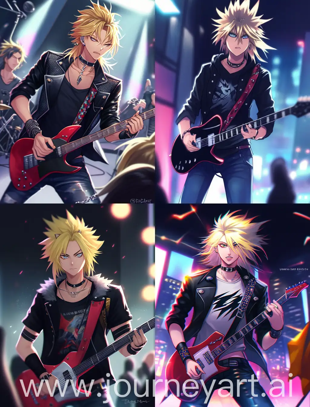 masterpiece, best quality, 1boy,  blond neck-length hair, guitarist, serious expression, punk outfit, black jacket, long ripped jeans, pierced ears, metal necklace, rock band t-shirt, holding electric guitar, modern, night,