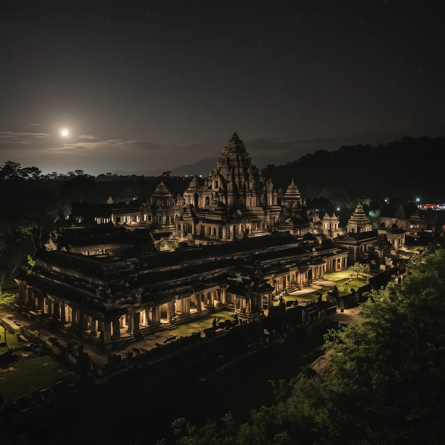 view of Indonesia's ancient stone temple palace at night