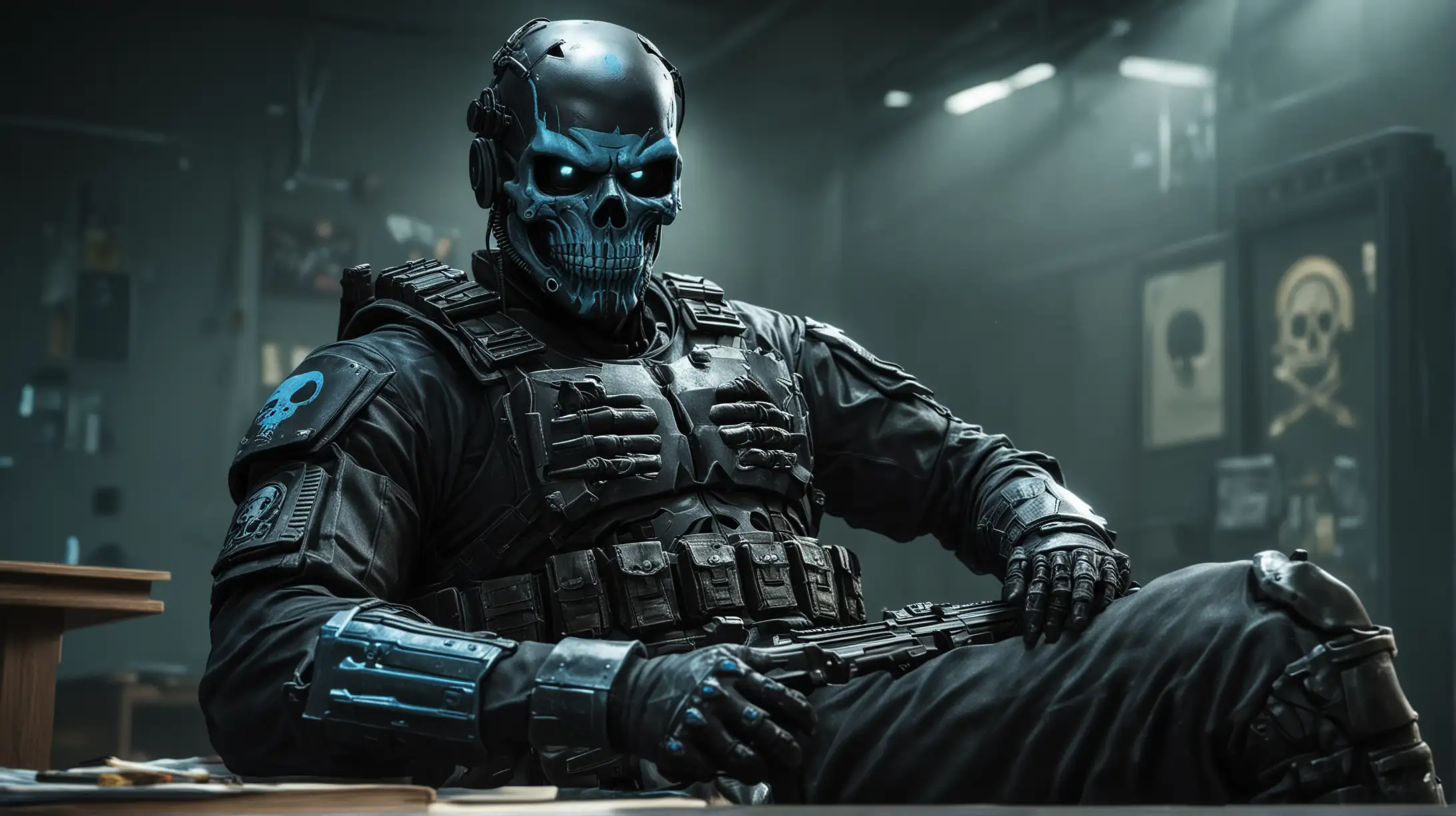 Black ops operator wearing all black armor, wearing helmet painted with a light blue skull, sitting down, holding pistols in hand, sitting in a school office, with dim lights