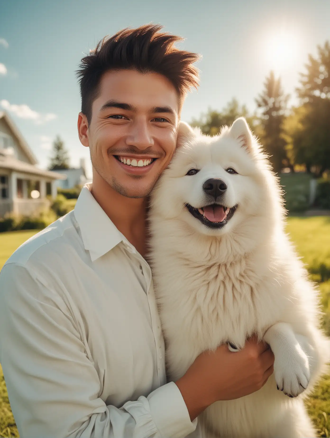 A sunny handsome guy smiling and petting his cute Samoyed, delicate facial features, facing the camera, on the lawn outdoors, soft light style, cinematic style, surreal style portrait photo, high resolution, natural color grading, clean and clear focus.