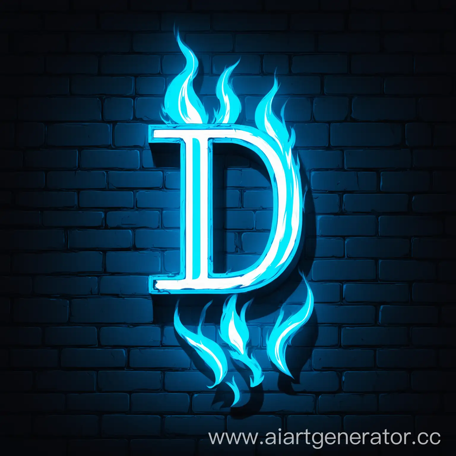 Blue neon-white letter D glowing white flame on the wall