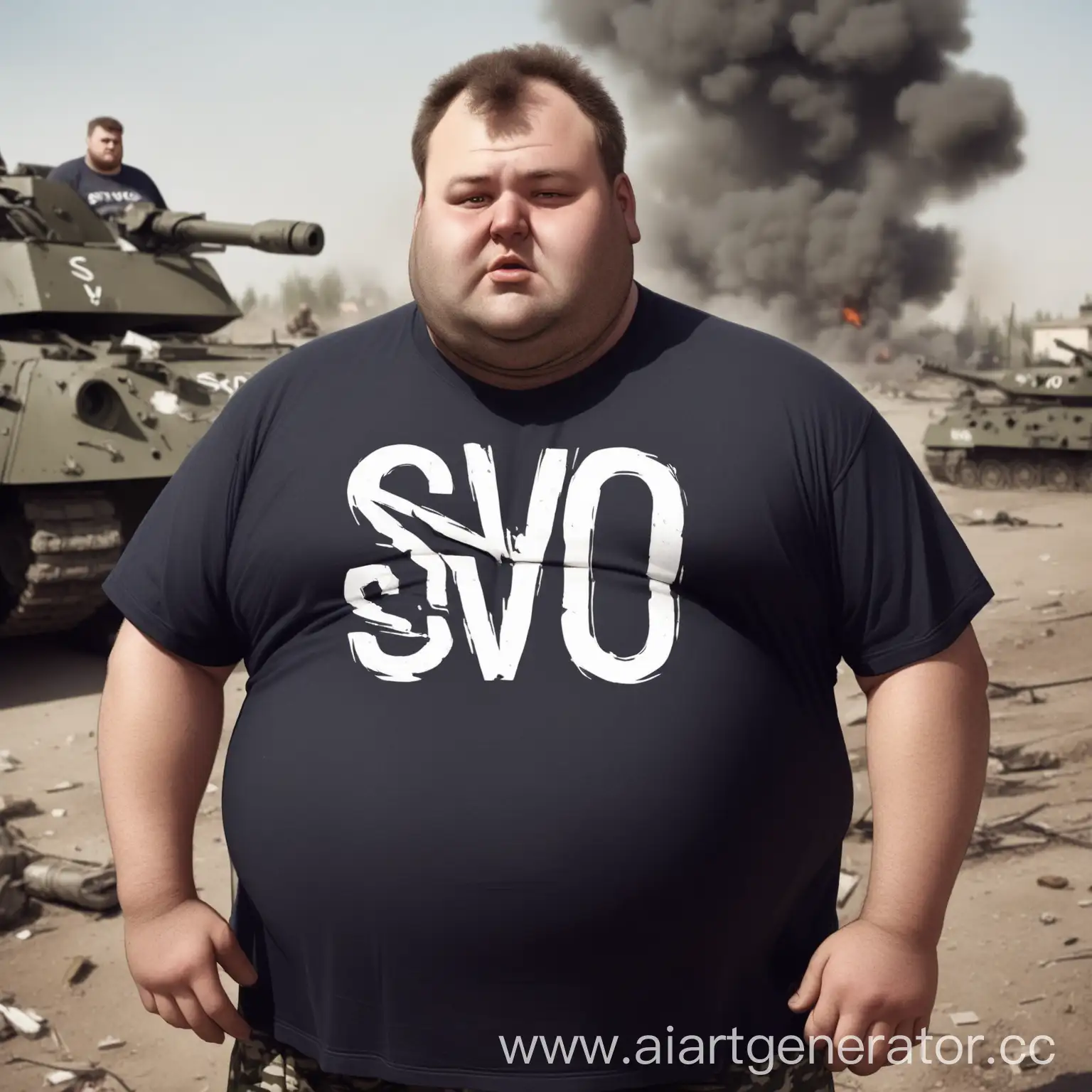 Жирный, мерзкий мужик в футболке с надписью "SVO" на войне
