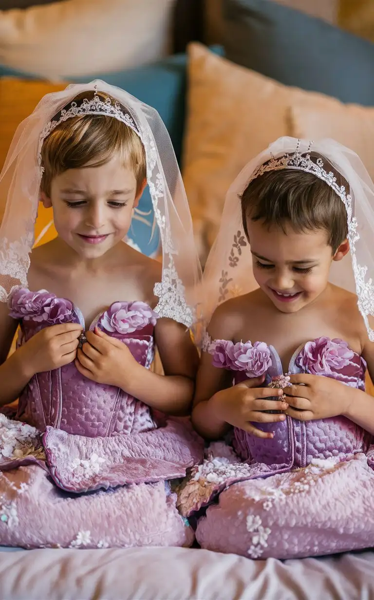 (((Gender role reversal))), 2 cute little boys (a 9-year-old boy and a 6-year-old boy) are waking up lying in bed, they are tired and confused to find themselves wearing extravagant princess-like wedding dresses with flowery textures and veils, choker necklaces with spikes on, short smart hair, they are looking down at their clothes