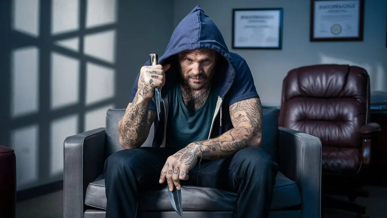 The realistic photo shows a man with a hard expression, sitting in the office of a psychologist on a small couch and waiting. The man is dressed in a hoodie that is placed on his head. The man has tattoos, and in his hand there is a shiny knife. The background adds to the drama of the situation, and the focused attention of the man intensifies the tension. The atmosphere of the photo is saturated with tension and expectation, which perfectly reflects the dark atmosphere of true-crime.