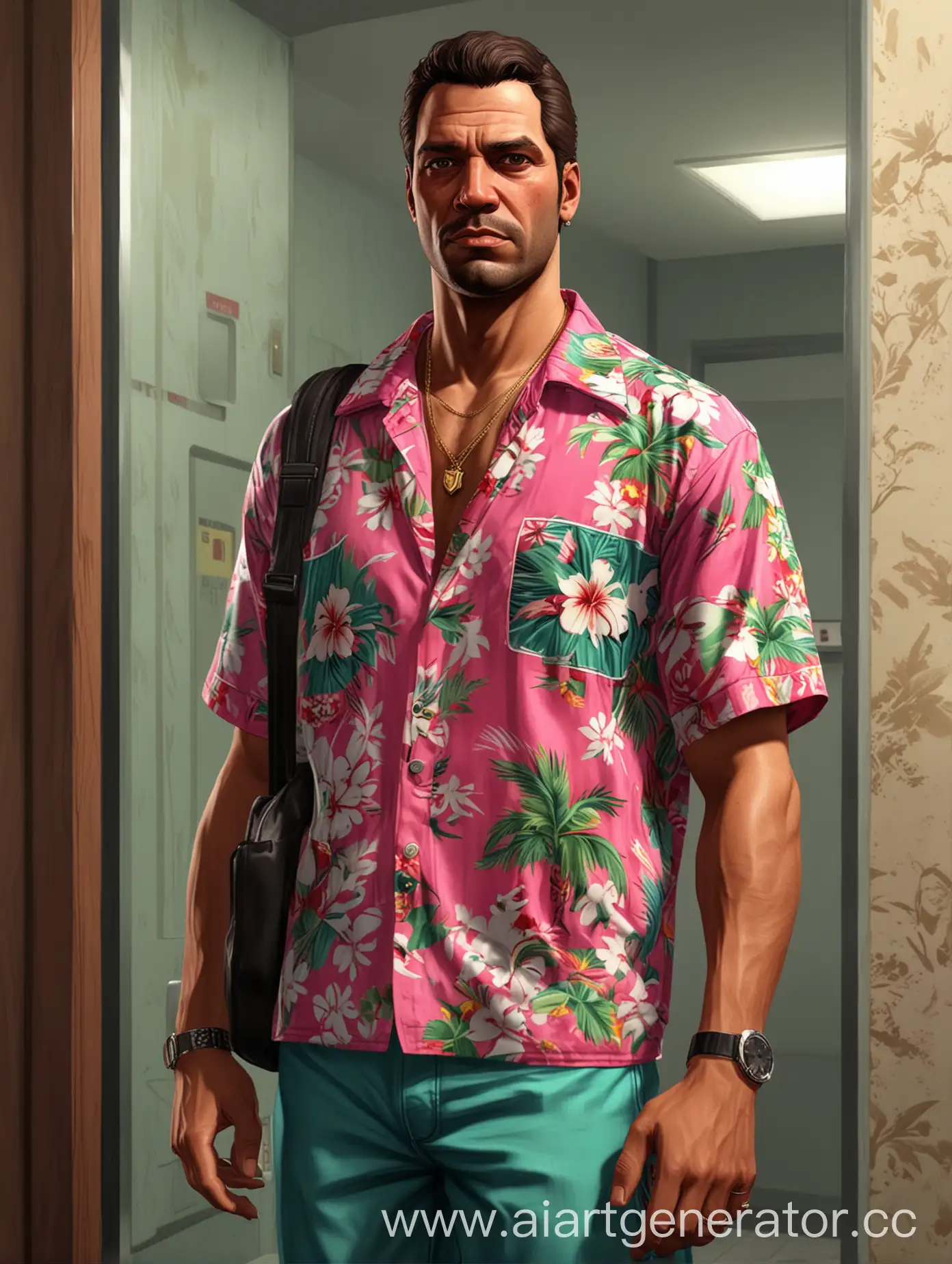 Персонаж GTA Vice City стоит в лифте с спортивной сумкой в гавайской рубашке у зеркала. Лицо как у главного героя игры гта. 