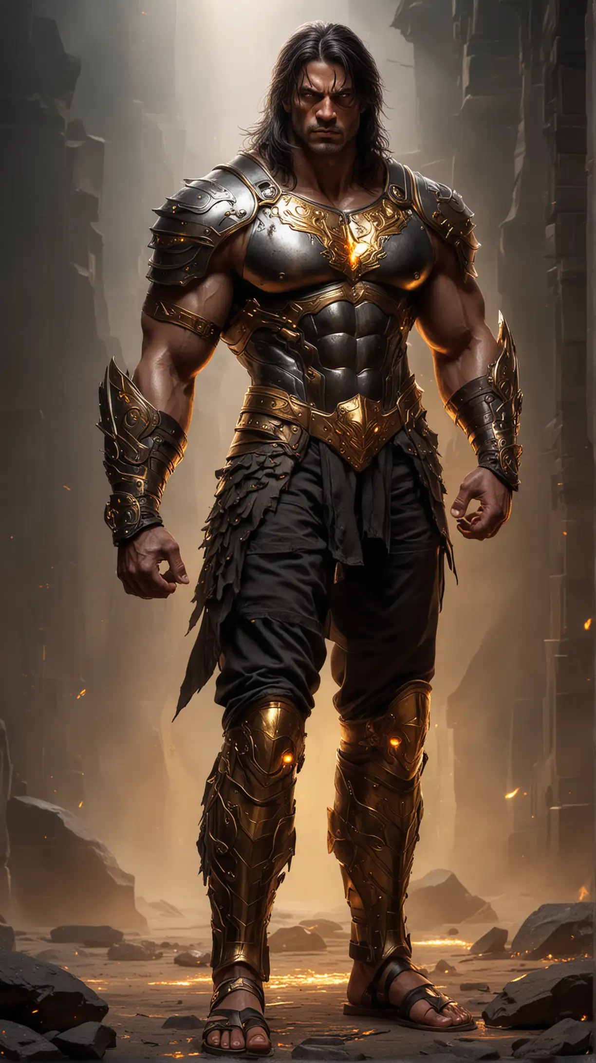 a powerful muscular man, gazing with gold glowing eyes, wearing sandals, wearing armor, dark colored hair