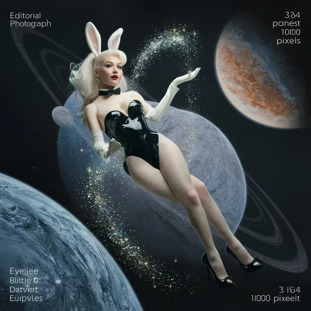 A white-haired bunny girl in a black latex outfit is floating with the planets of our solar system above her, sparkles and glitter all around. It is a hyper realistic photograph in the style of editorial photography with a posed model.