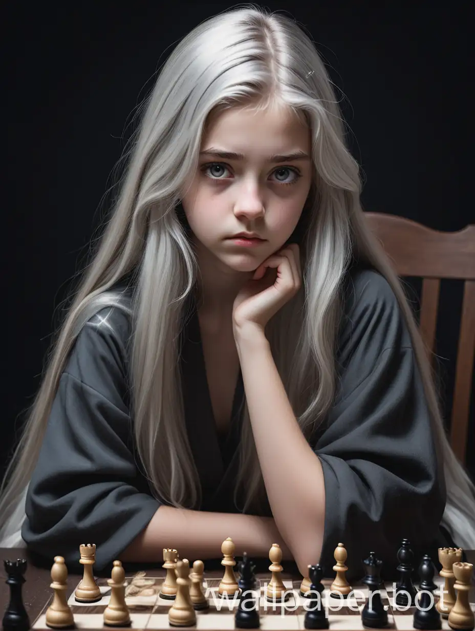A girl 19 years old with long silver hair and bright gray eyes. She sits at a table with a chessboard and figures on it. The girl looks from under her brow at the reader. Her facial expression is serious. With one hand, she adjusts a lock of hair that has fallen out of place. The girl's gaze is condescending, firm. Behind her there is a black background with faint sparks of fire. The girl is dressed in a light black robe.