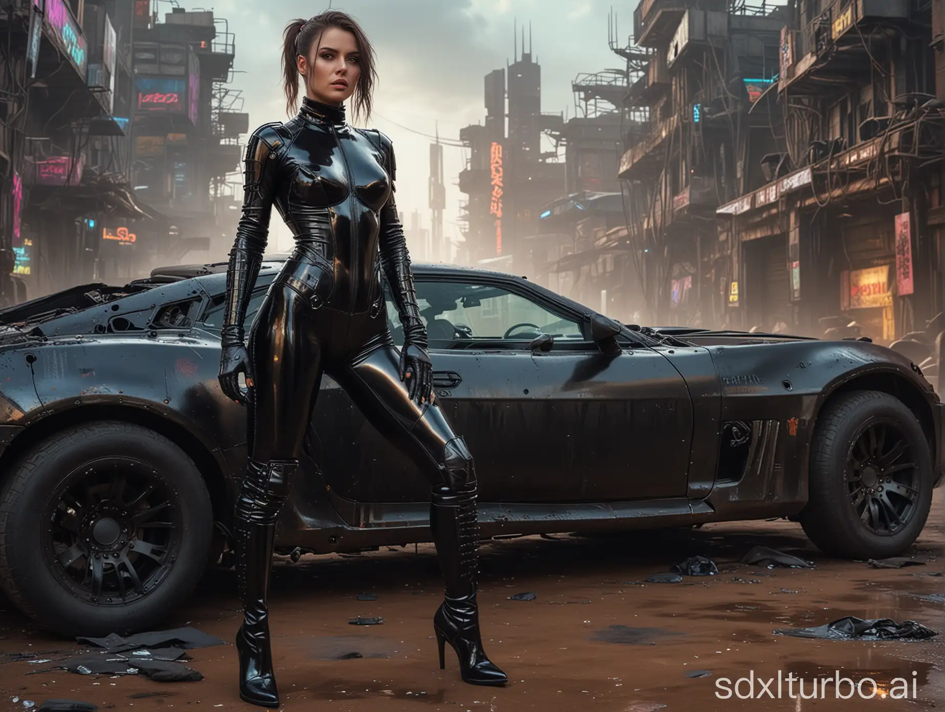 detailled hd photo , full-length framing , cyberpunk read head  woman with small breasts standing, wearing black low-cut shinny pvc catsuit , wearing long shiny pvc gloves , wearing shinny pvc thigh high boots , in destroyed cyberpunk city with mad max car , inlighted by neons