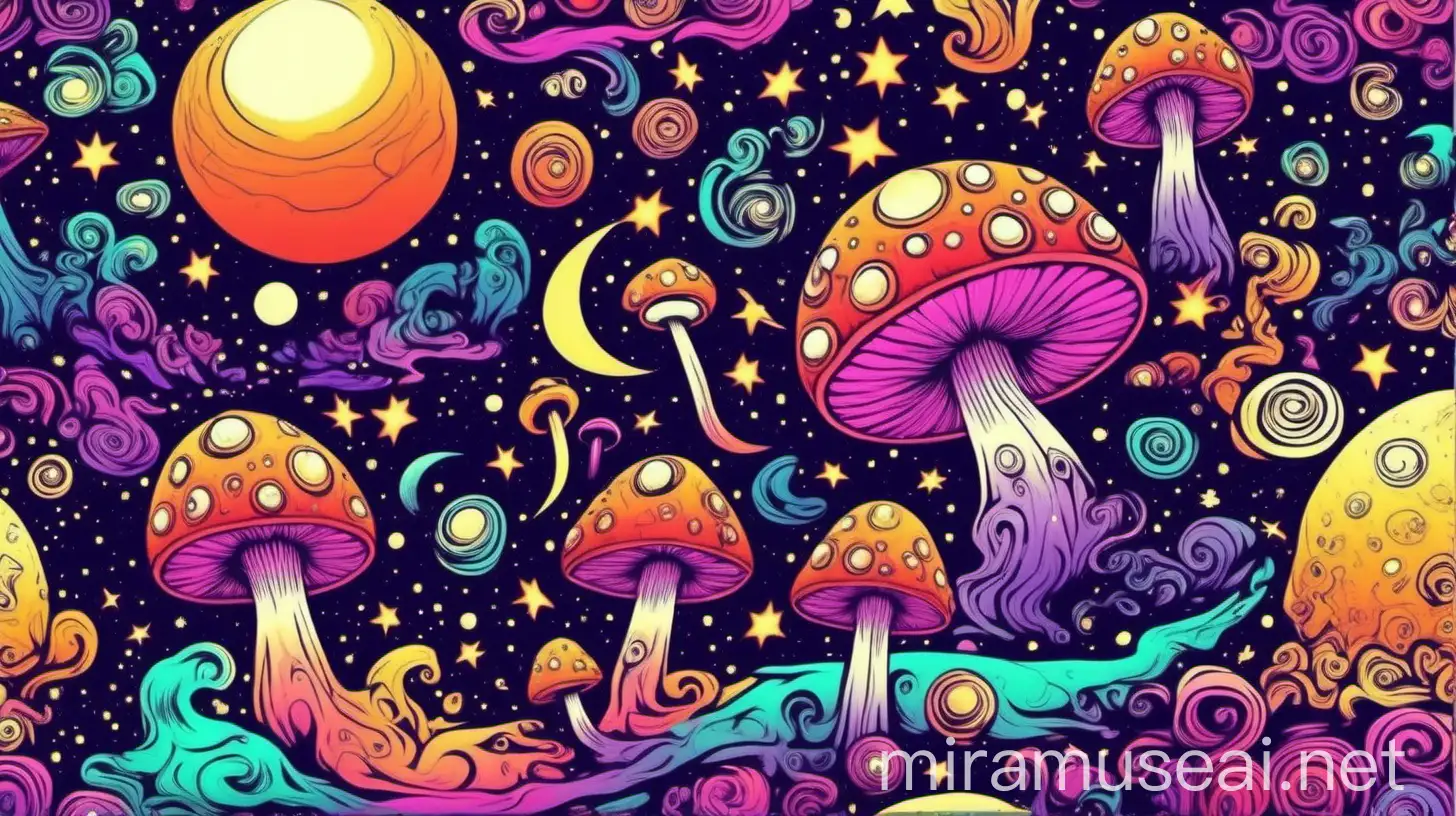 Vibrant Space Pattern with Swirling Moons and Mushrooms