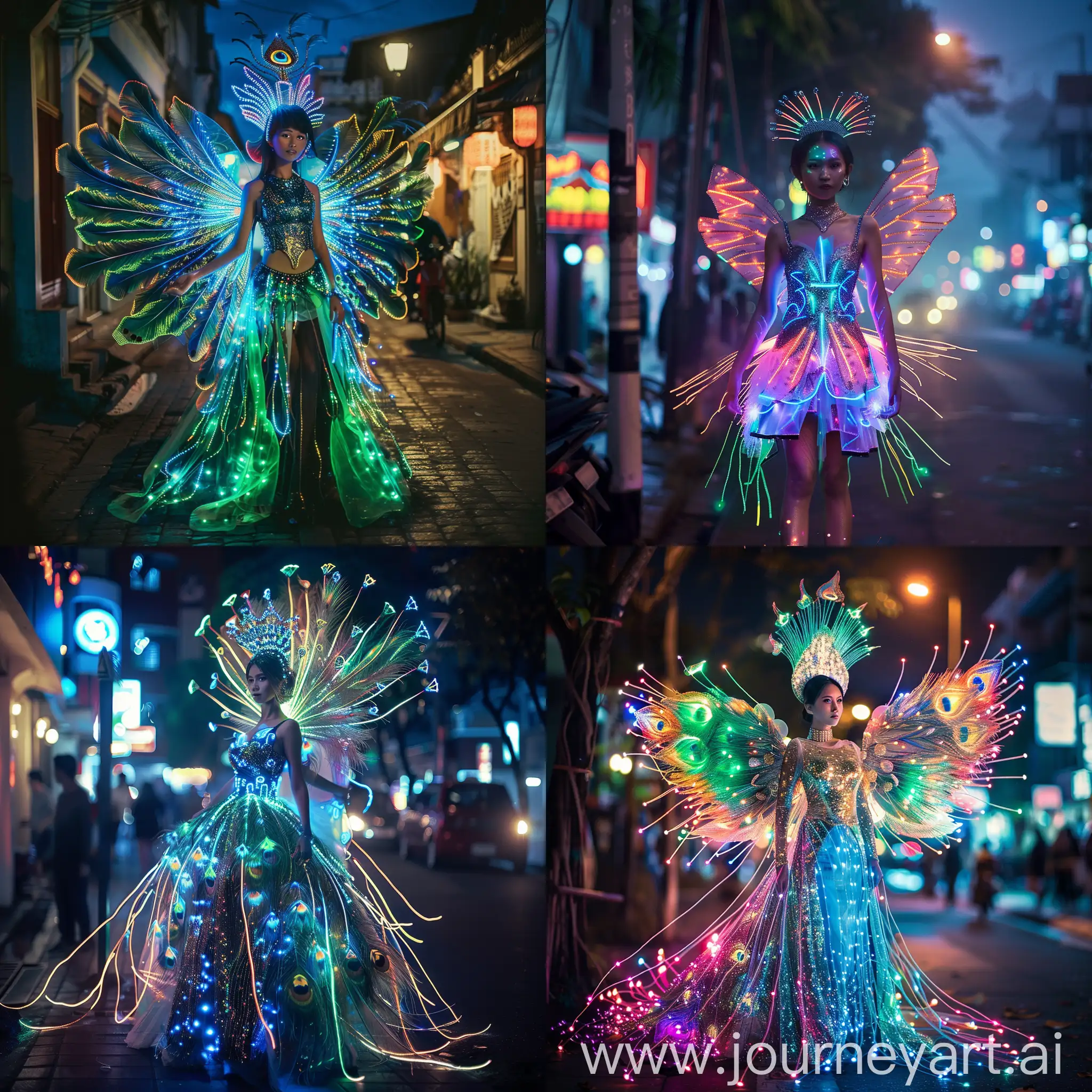 full body fashion photo features a beautiful Indonesian woman in a neon lights dress with futuristic hair accessories and holographic wings made from charming peacock feathers and fiber optic lights. Set in the streets of Bandung city at night, this image highlights a detailed portrait with depth of field