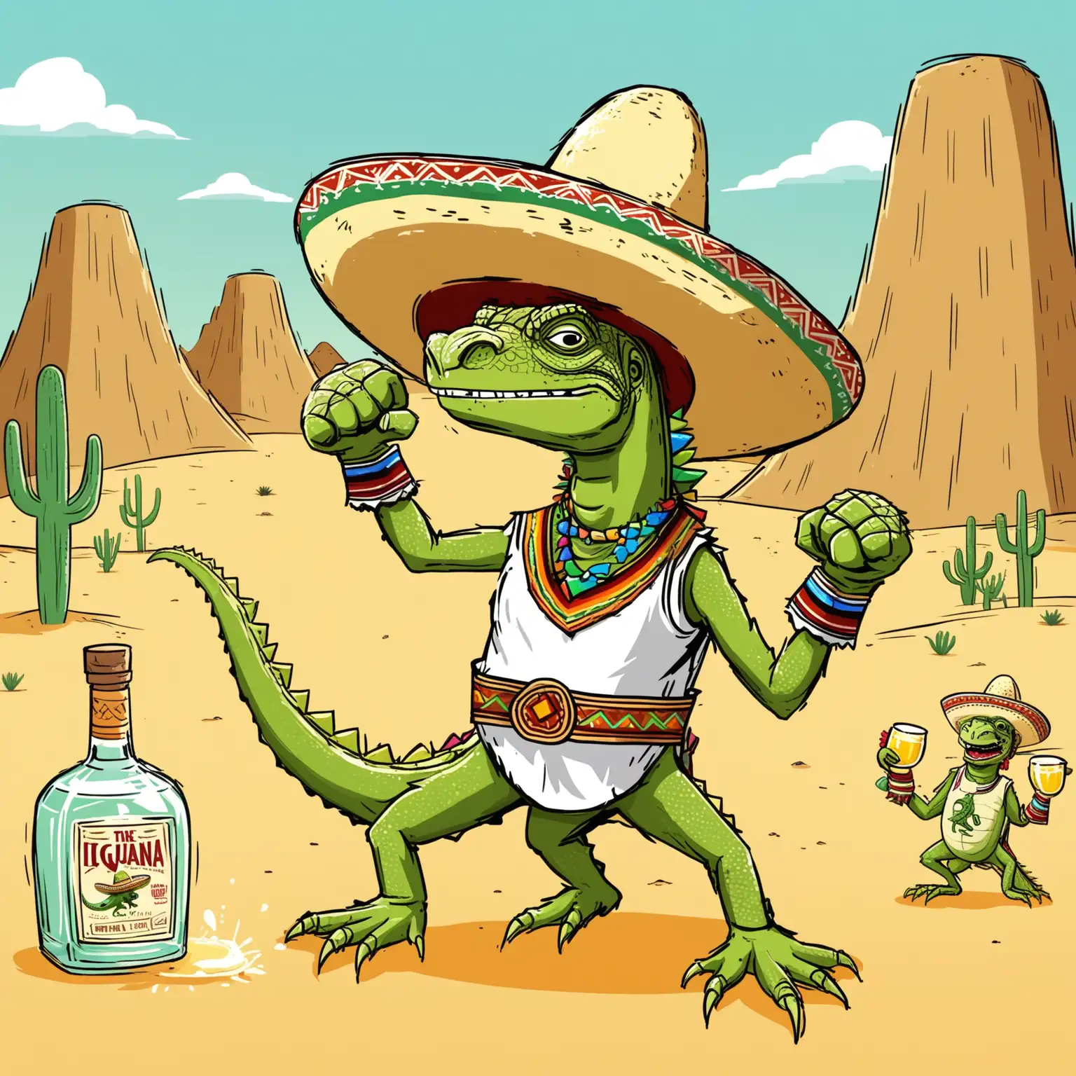 Cartoon Mexican making tequila, in the desert, wearing a sombrero, boxing an iquana