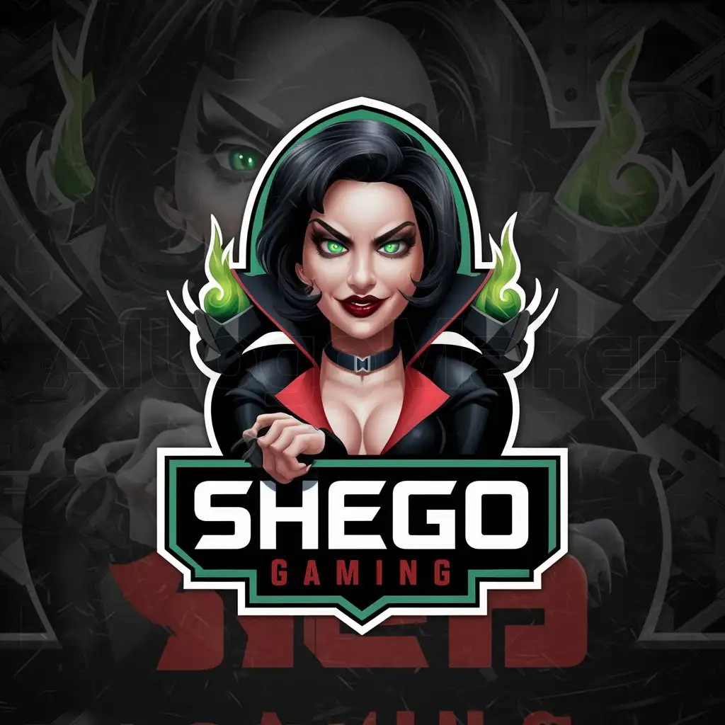a logo design,with the text "Shego Gaming", main symbol:Realistic Villainous Femme Fatale with Green Flame elements in black Background,complex,be used in 0 industry,clear background