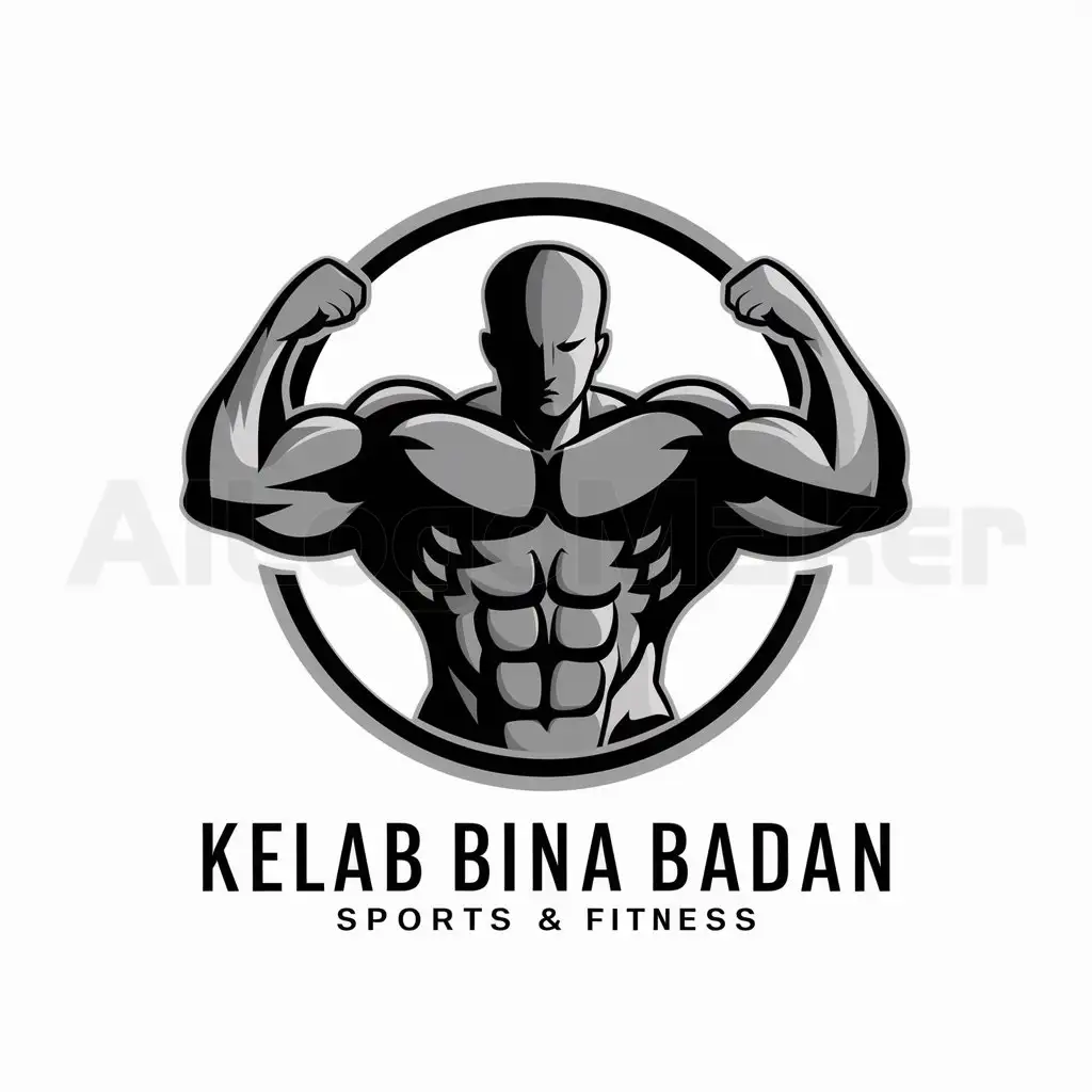 a logo design,with the text "Kelab Bina Badan", main symbol:muscular pose in round shape with black and grey color,complex,be used in Sports Fitness industry,clear background