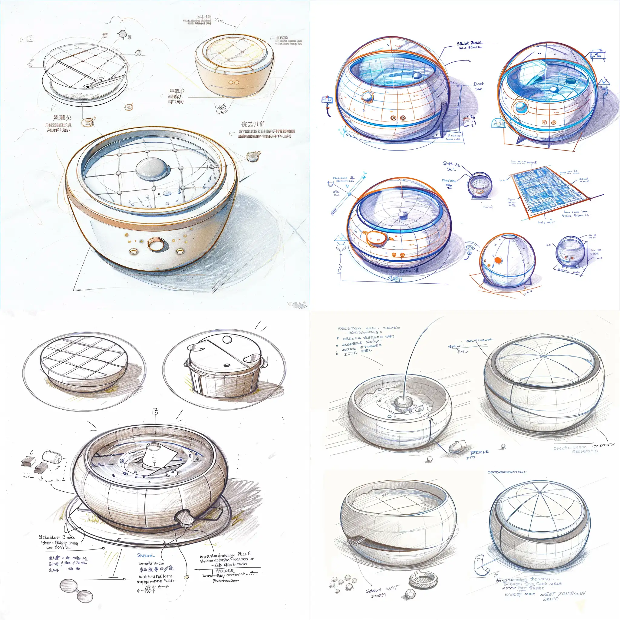 Product design, children's water drive bowl design, small and cute portable, design sketch scheme, hand-drawn sketch, line draft, drawing reference, product design sketch, white background, front view, side view, rear view, drawings from different angles, each scheme should present the modeling source and intention, detailed drawing, explosion diagram, use scene diagram, human-computer interaction diagram, without color
Product design, children's waterflood bowl design, small and cute portable, design sketch scheme, hand-drawn sketch, line draft, drawing reference, product design sketch, white background, front view, side view, rear view, drawings from different angles, each scheme should present modeling source and intention, detailed drawing, explosion diagram, use scene diagram, human-computer interaction diagram, no color
Solar panels and water insulation bowl combined, solar panels are not too obvious, absorb solar energy, auxiliary insulation cute and round, easy to carry