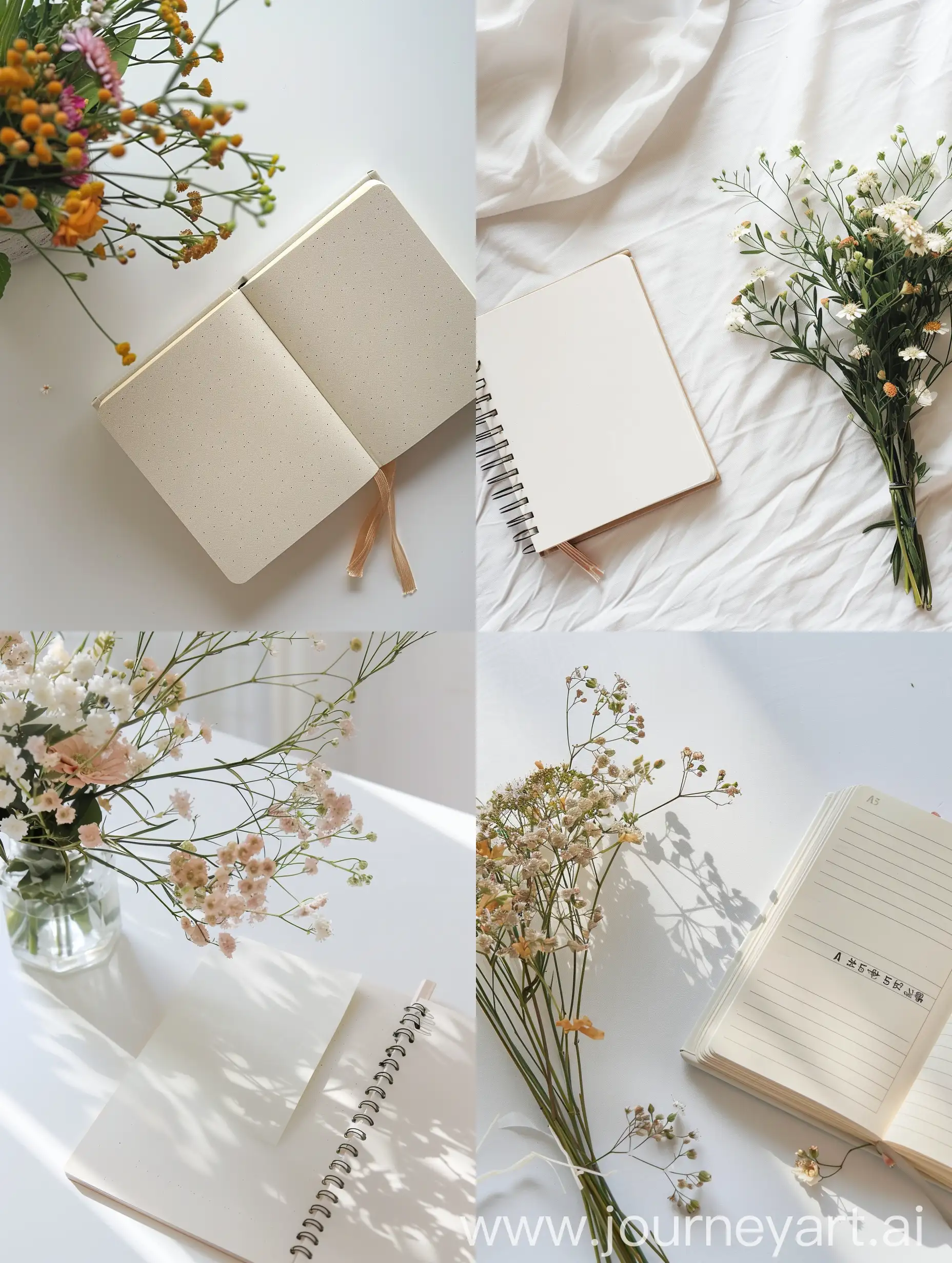 White-Table-with-A5-Notebook-and-Bouquet-of-Flowers